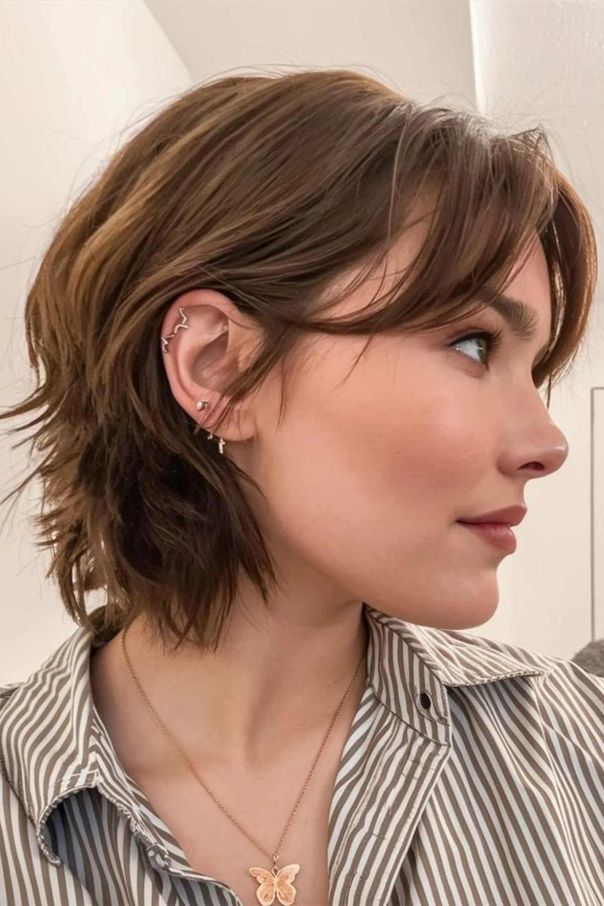 Girl styled in a Textured Shag Bixie haircut, combining choppy shag layers with a short bixie silhouette for volume.