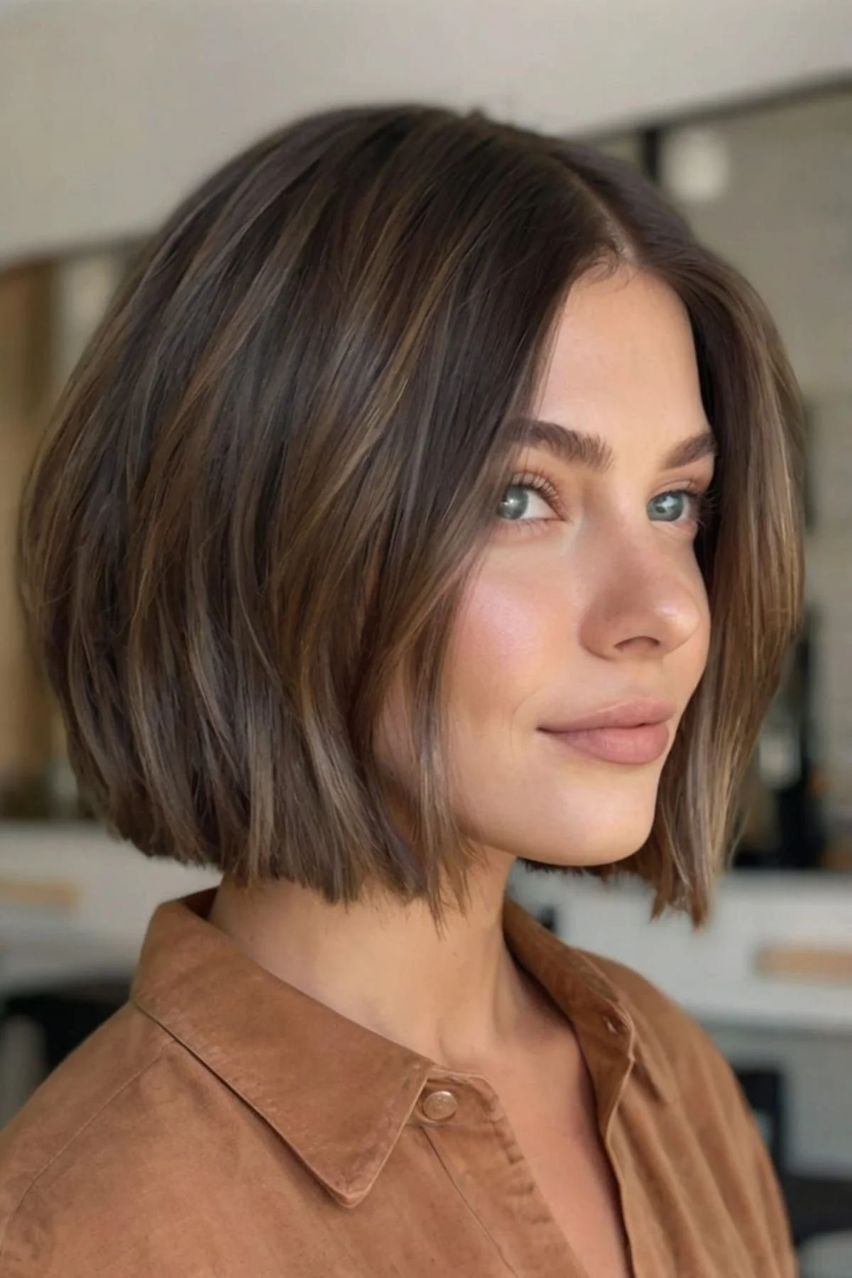 Girl with a Blunt Cut Bob with Subtle Graduation, maintaining sharp ends while adding slight stacked shaping at the back.