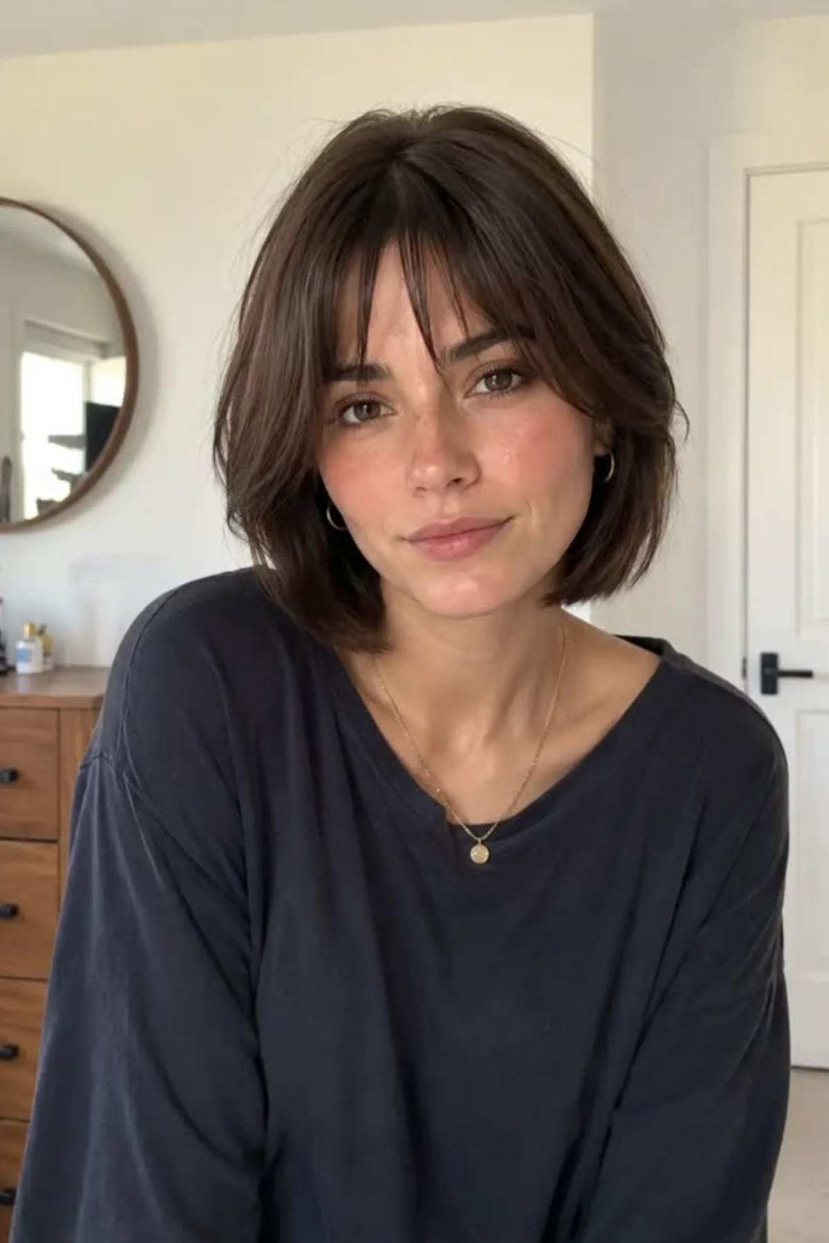 A short French bob with a soft full fringe
