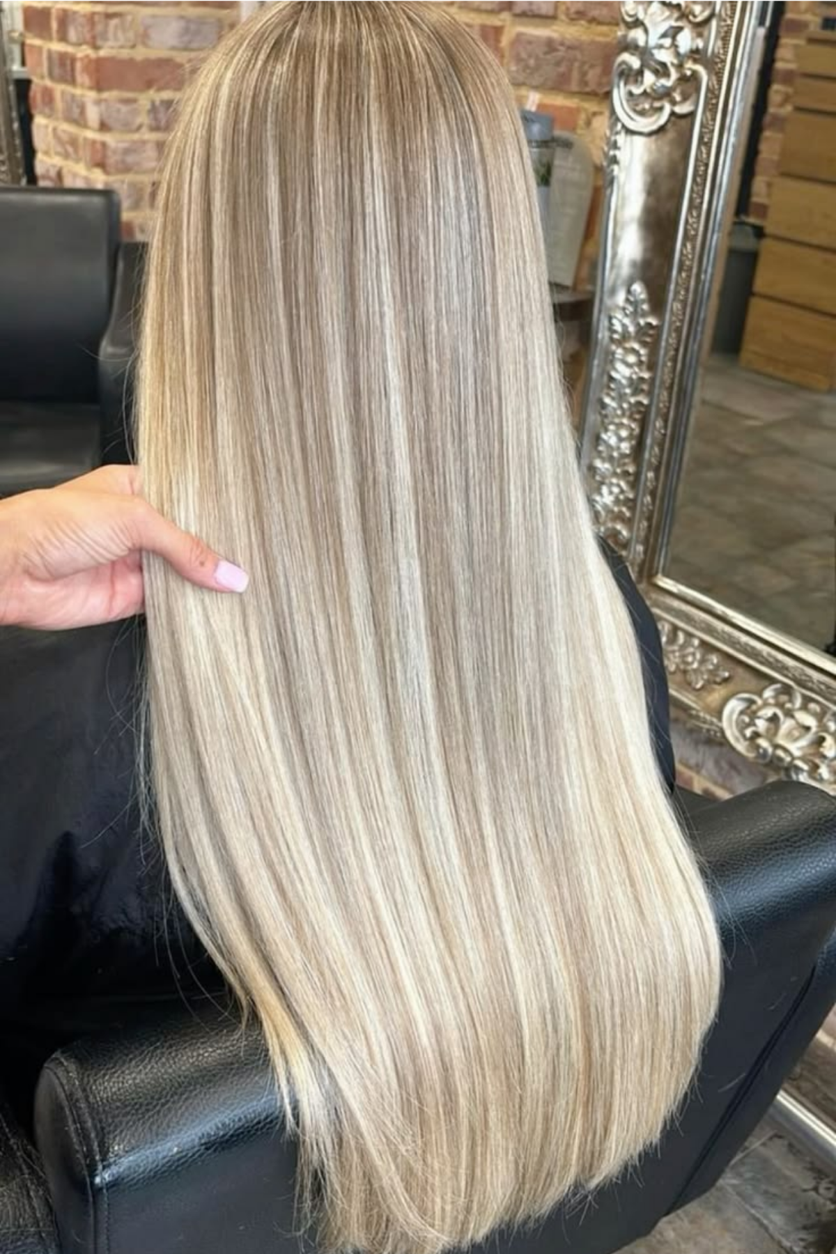 full blonde foil highlights, all-over near-solid blonde