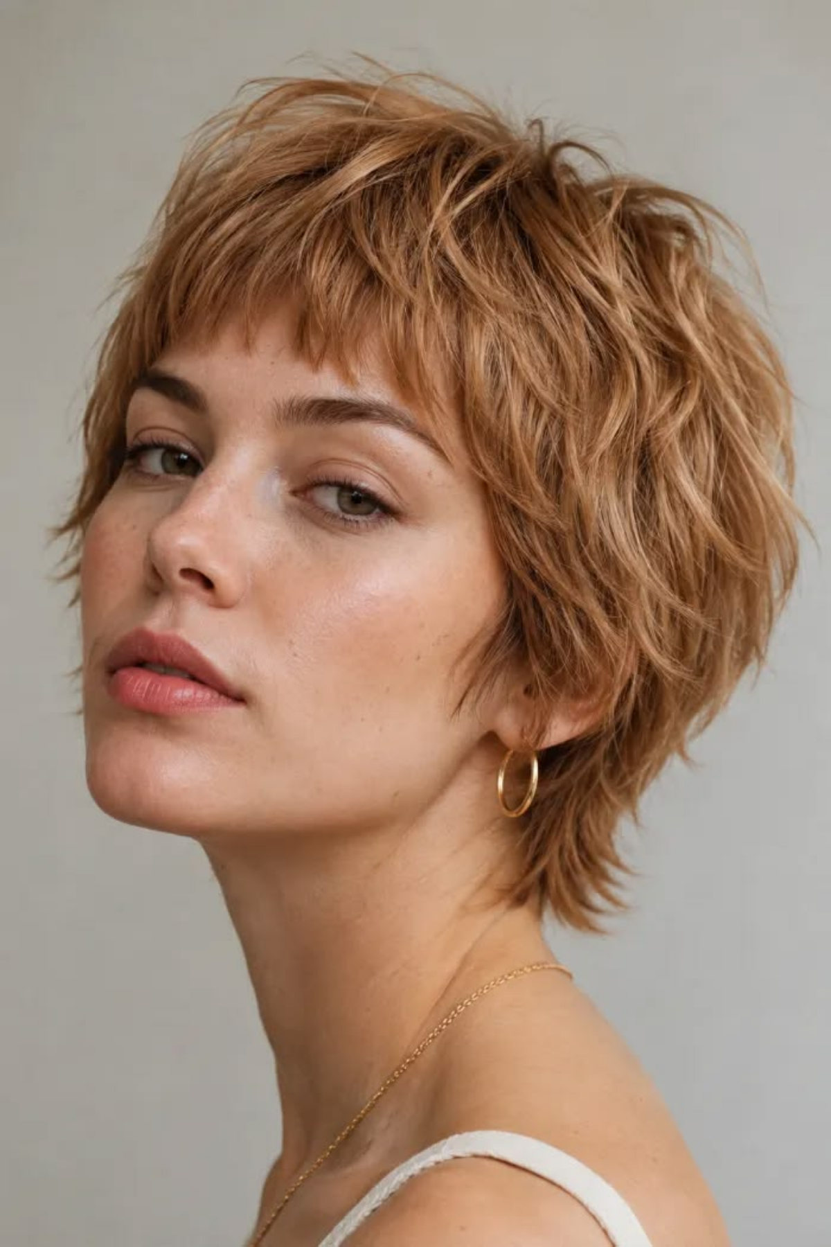Short shag on thick coarse hair with blended layers and a heavy fringe