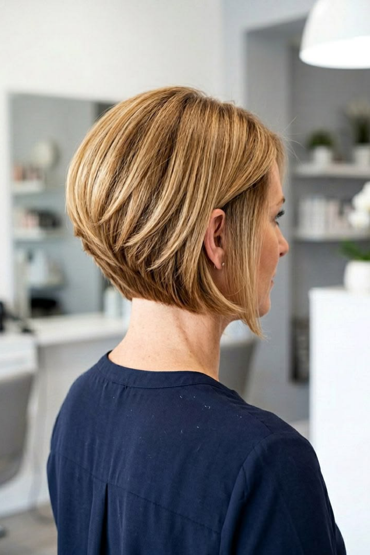 Graduated stacked back of a short bob on fine blonde hair