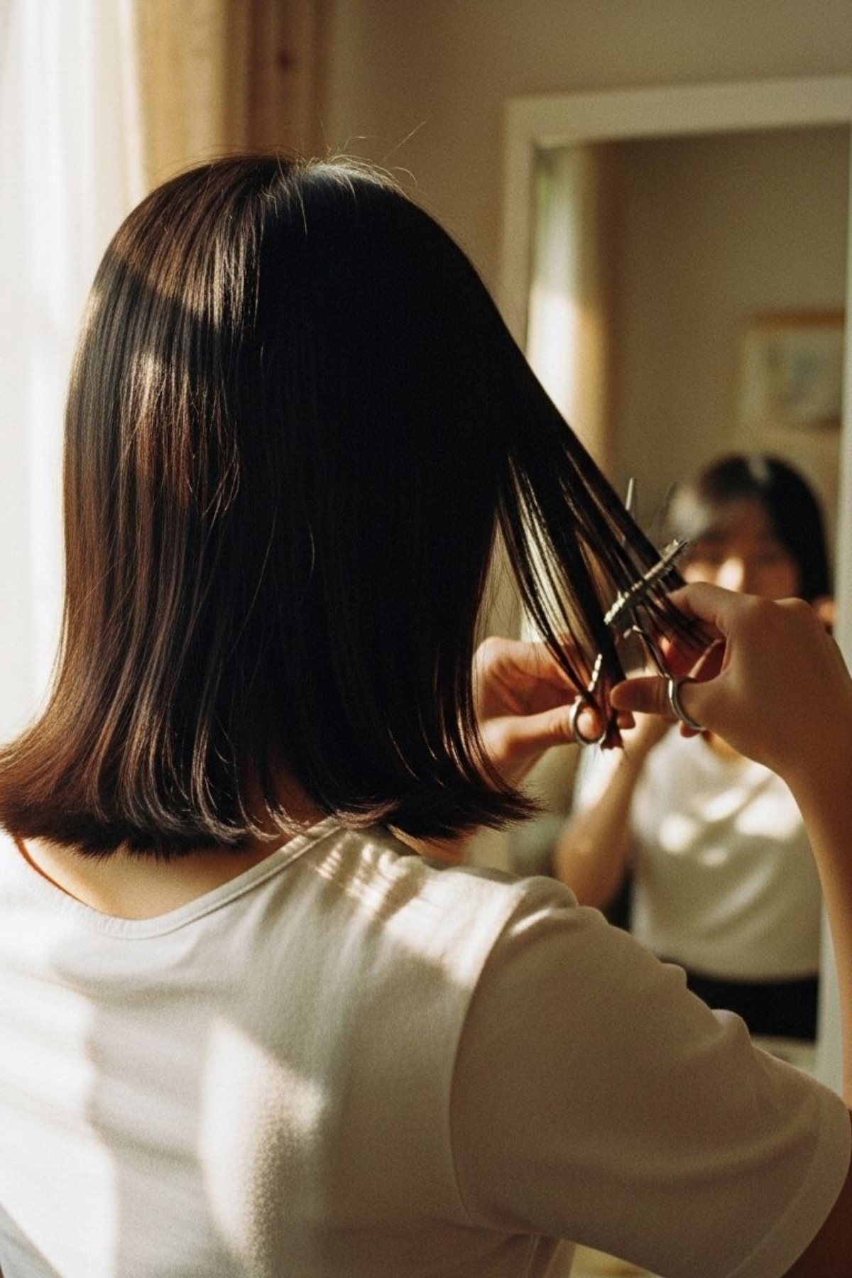 A girl trying to cut her hair in front of the mirror