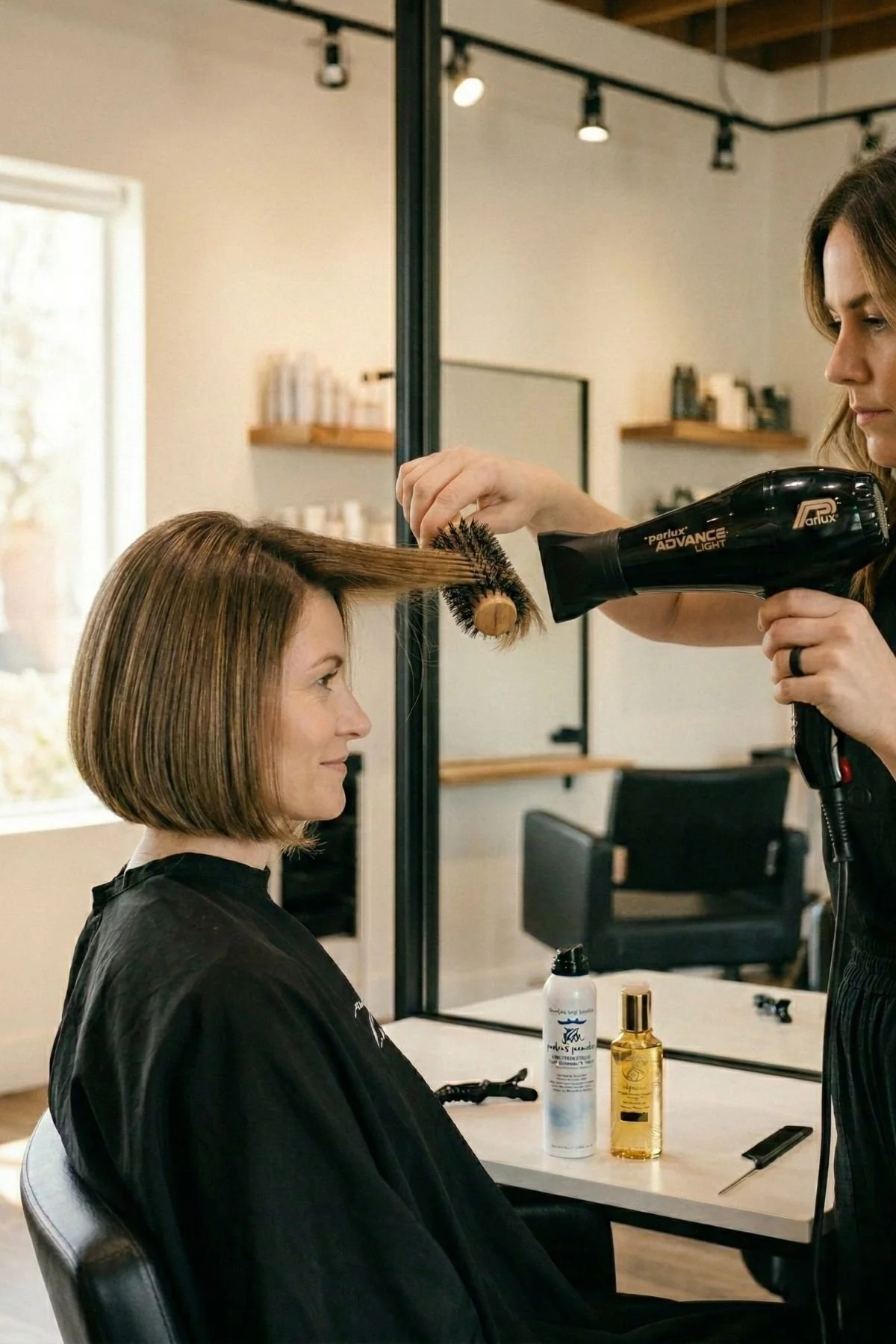 Hairstylist blow drying the client's short haircut
