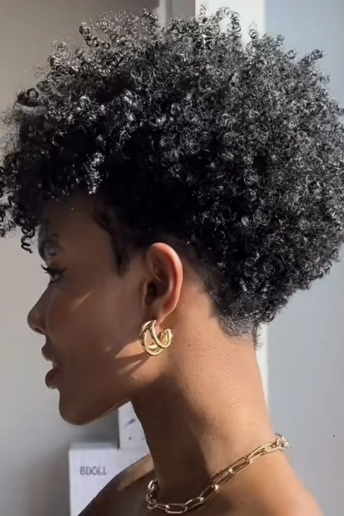 Tapered coily cut with crown height and a gradient taper rather than a step