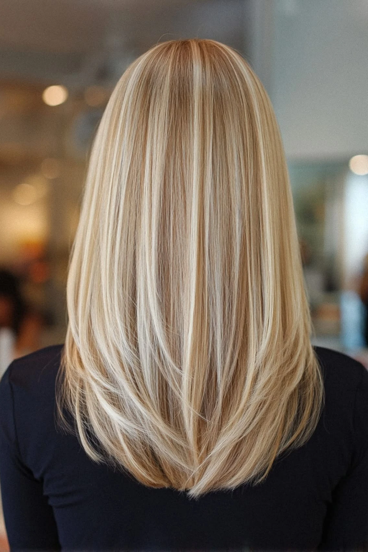 Long U-cut on thick dark hair, seen from behind to show the rounded edge