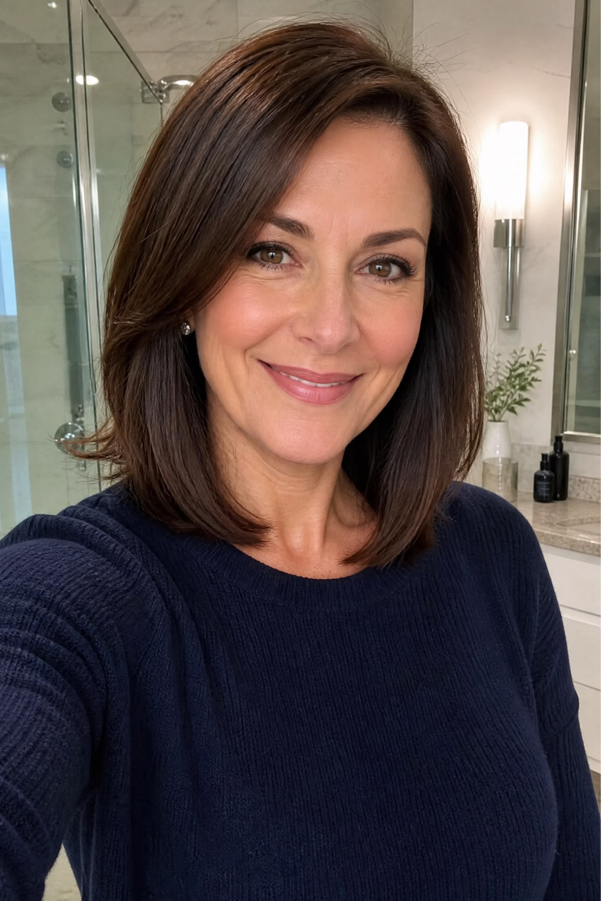 Layered mid-length haircut with a C-curl finish on auburn hair