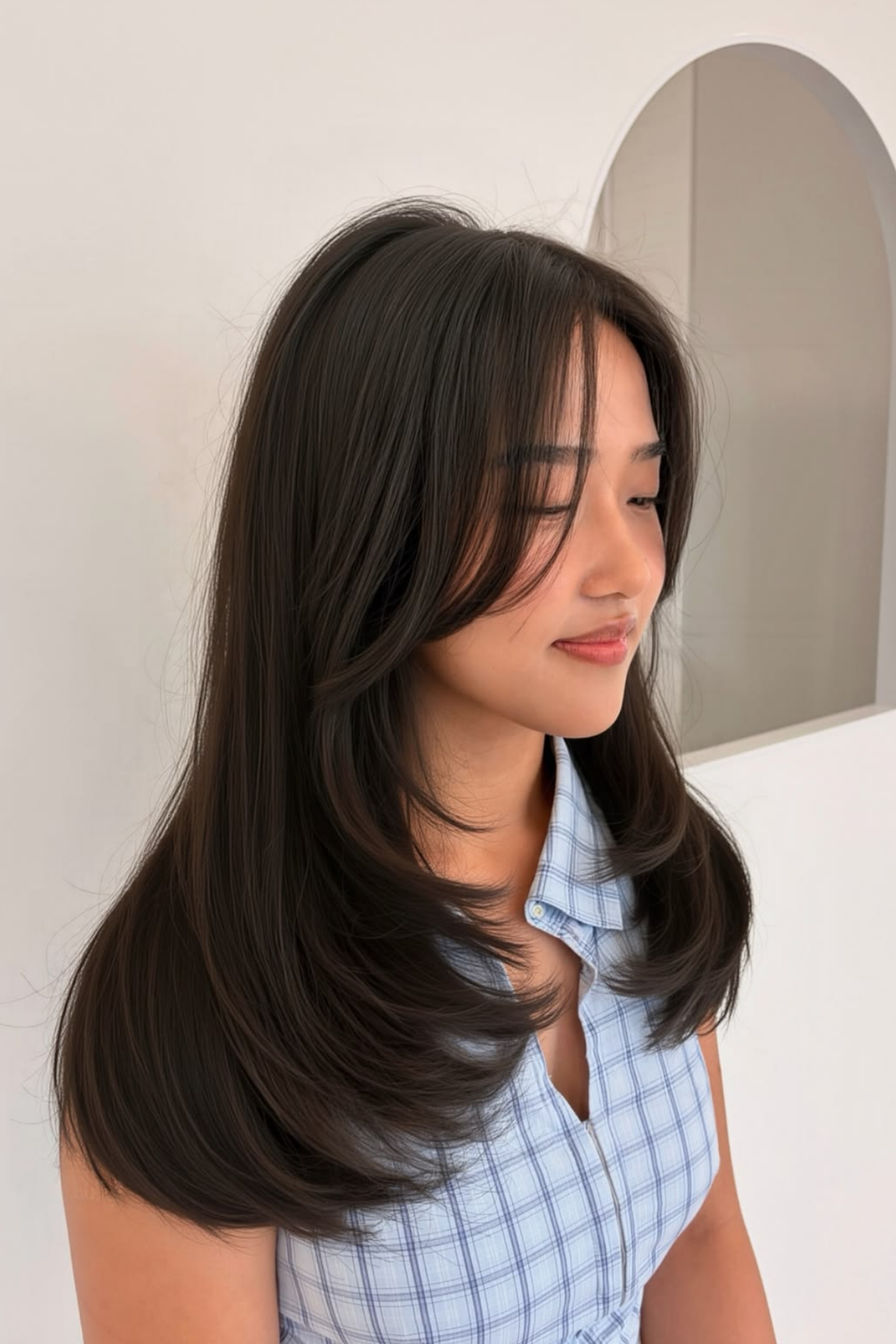 face-framing layers and long curtain bang on thick hair
