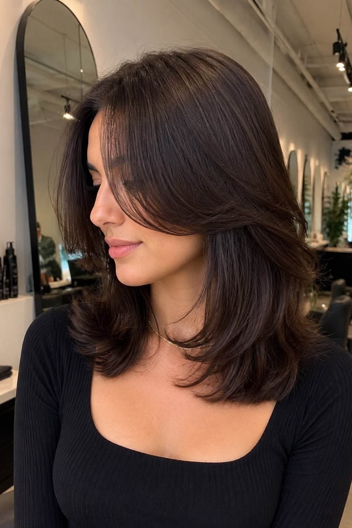 shoulder-length long layers on thick hair, soft waves showing the movement