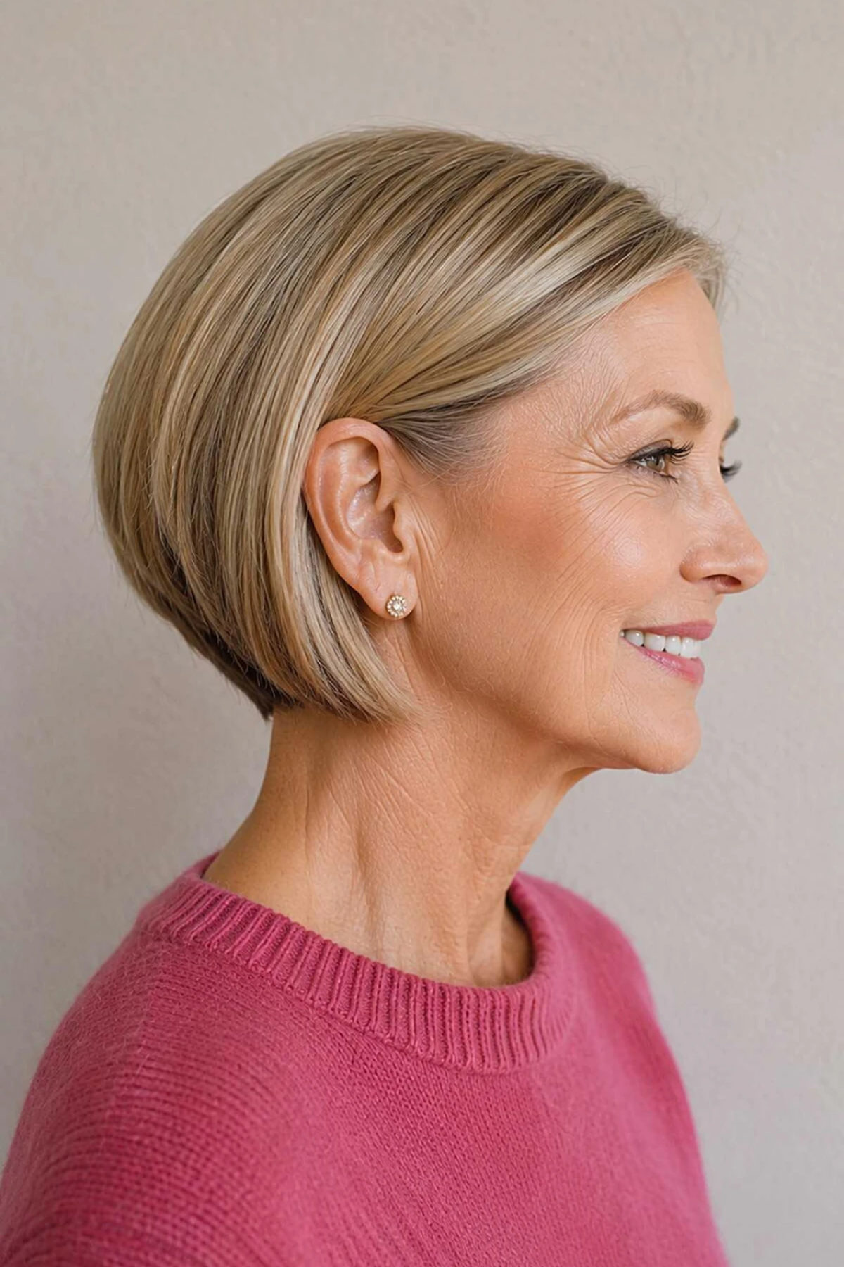 Stacked bob with a graduated nape on fine ash-brown hair, shown from a three-quarter angle