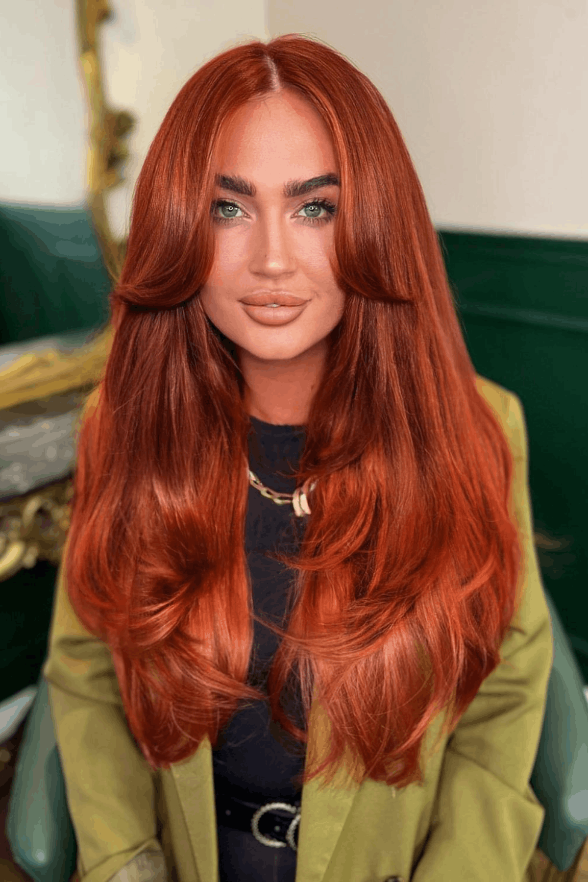 Portrait of a woman with long burnt orange hair, styled in voluminous layers with a deep, rich warm tone.