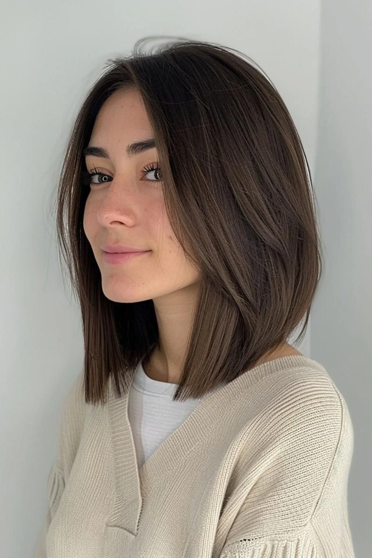 Girl with a Blunt Lob (Long Bob) with Invisible Stacking, offering a longer blunt silhouette with discreet layering for natural lift.