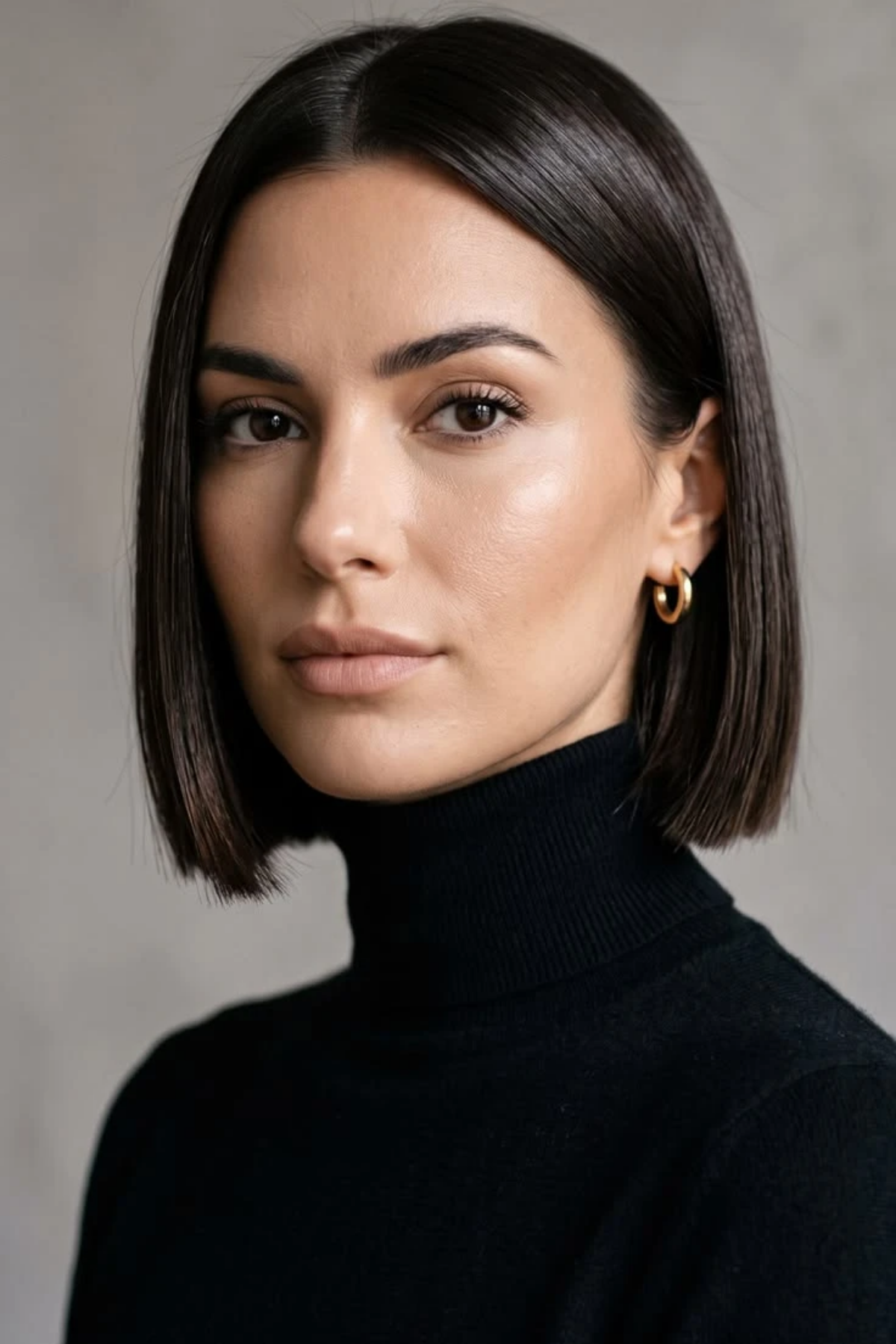 Thick hair in a jaw-length bob that lies flat instead of triangling out