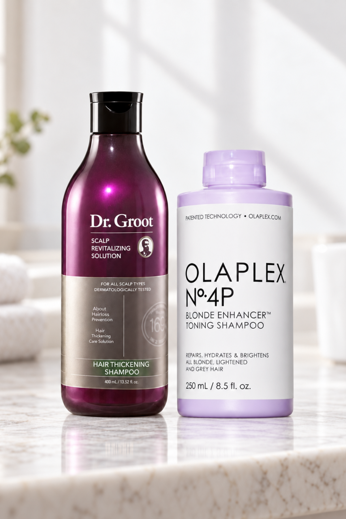Dr. Groot thickening shampoo and Olaplex purple toning shampoo for grey hair