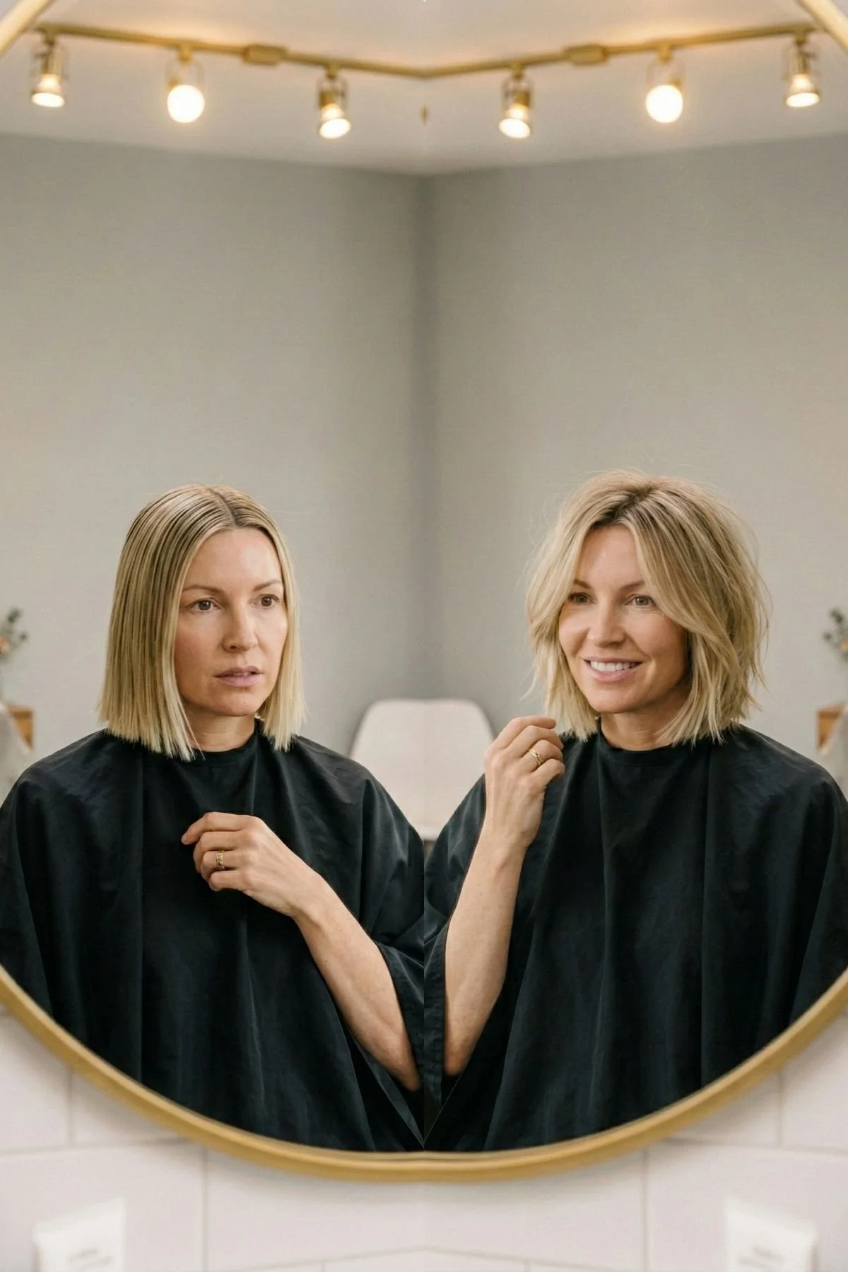 Same women in different short haircuts standing side by side