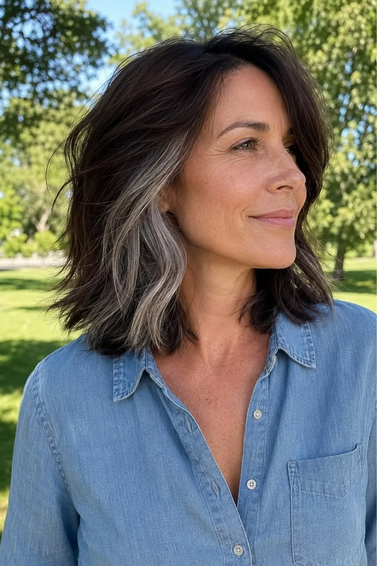 Shoulder-length haircut with long face-framing layers on a woman in her sixties with silver streaks