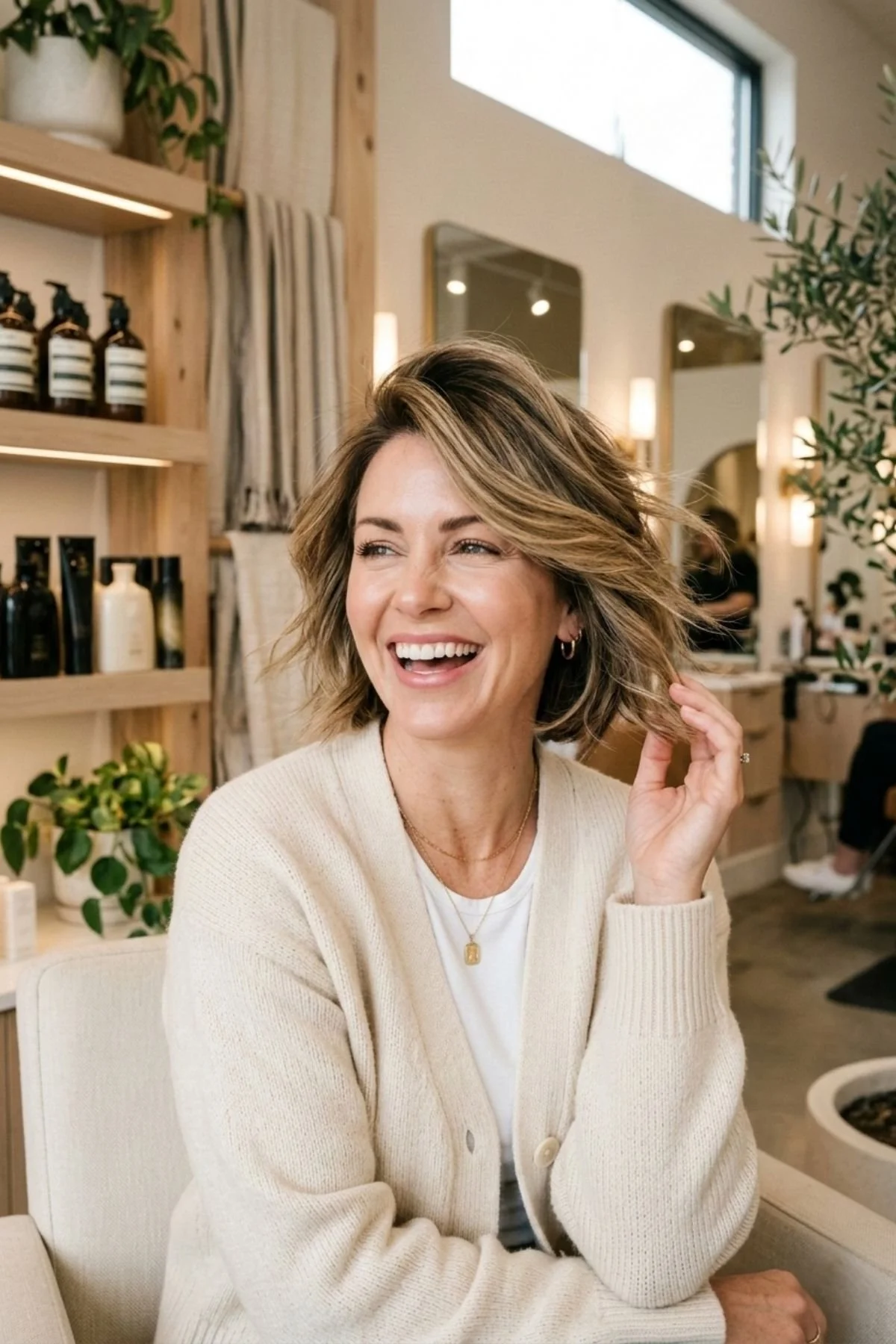 A middle-ages women wearing a youthful short haircut