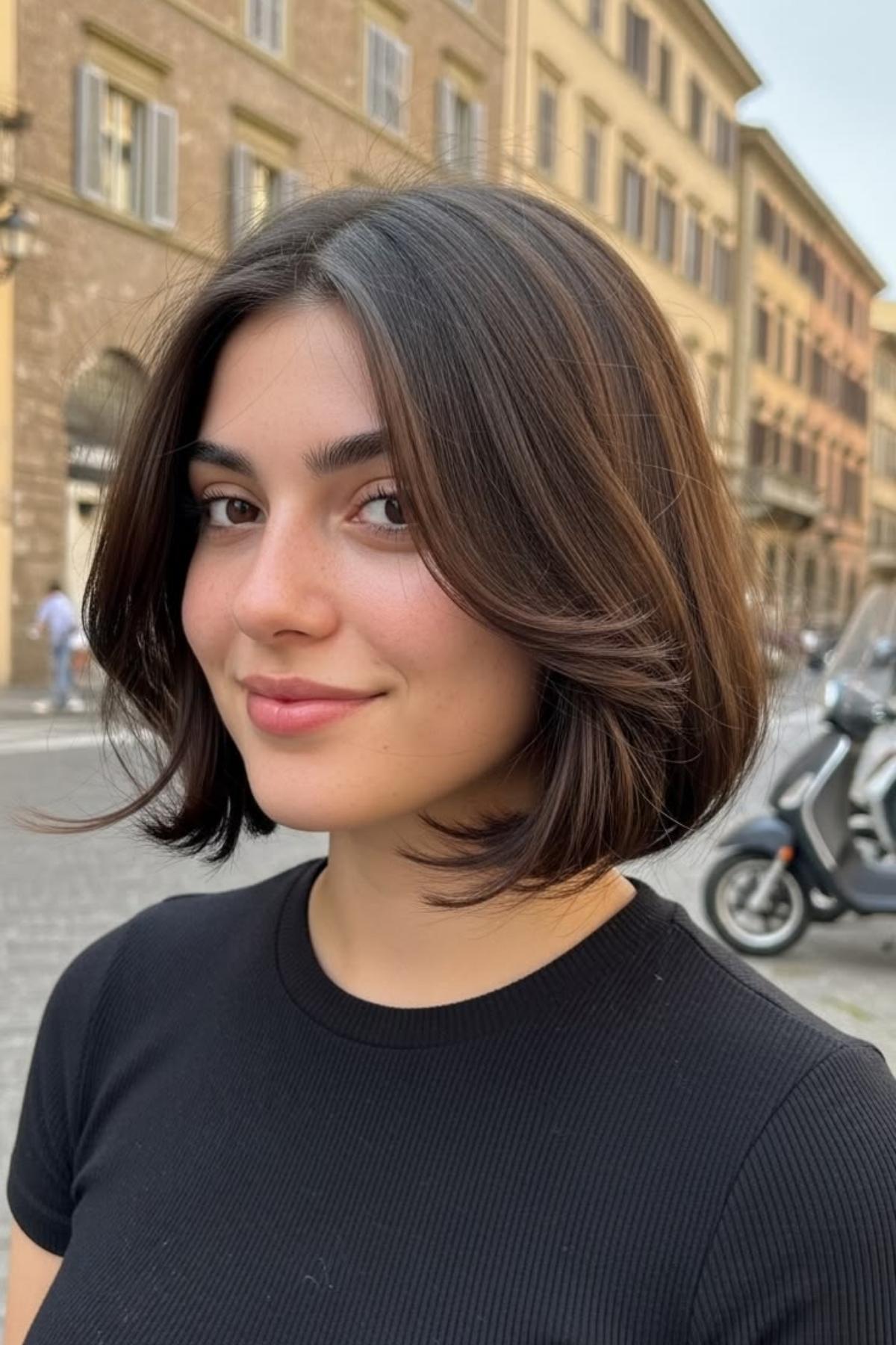 Flippy bob on fine hair with the ends turning under in a C-curl