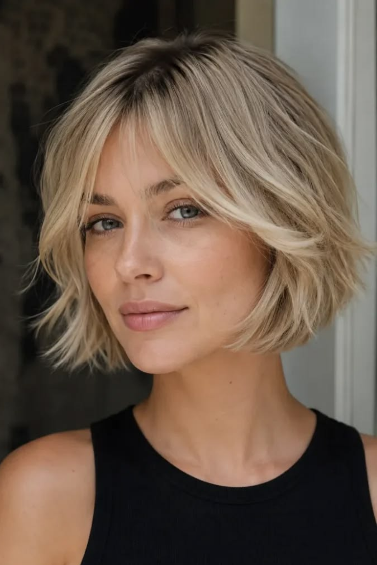 A short layered bob with lift at the crown and movement through the ends
