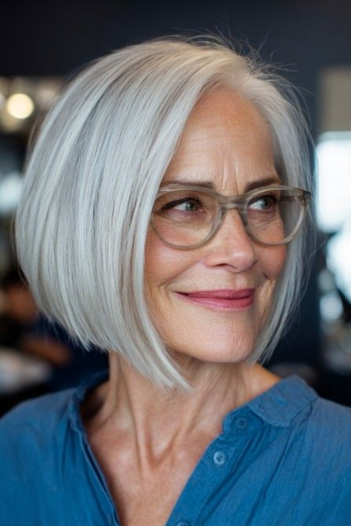 Blunt bob with two soft face-framing pieces on fine platinum-grey hair