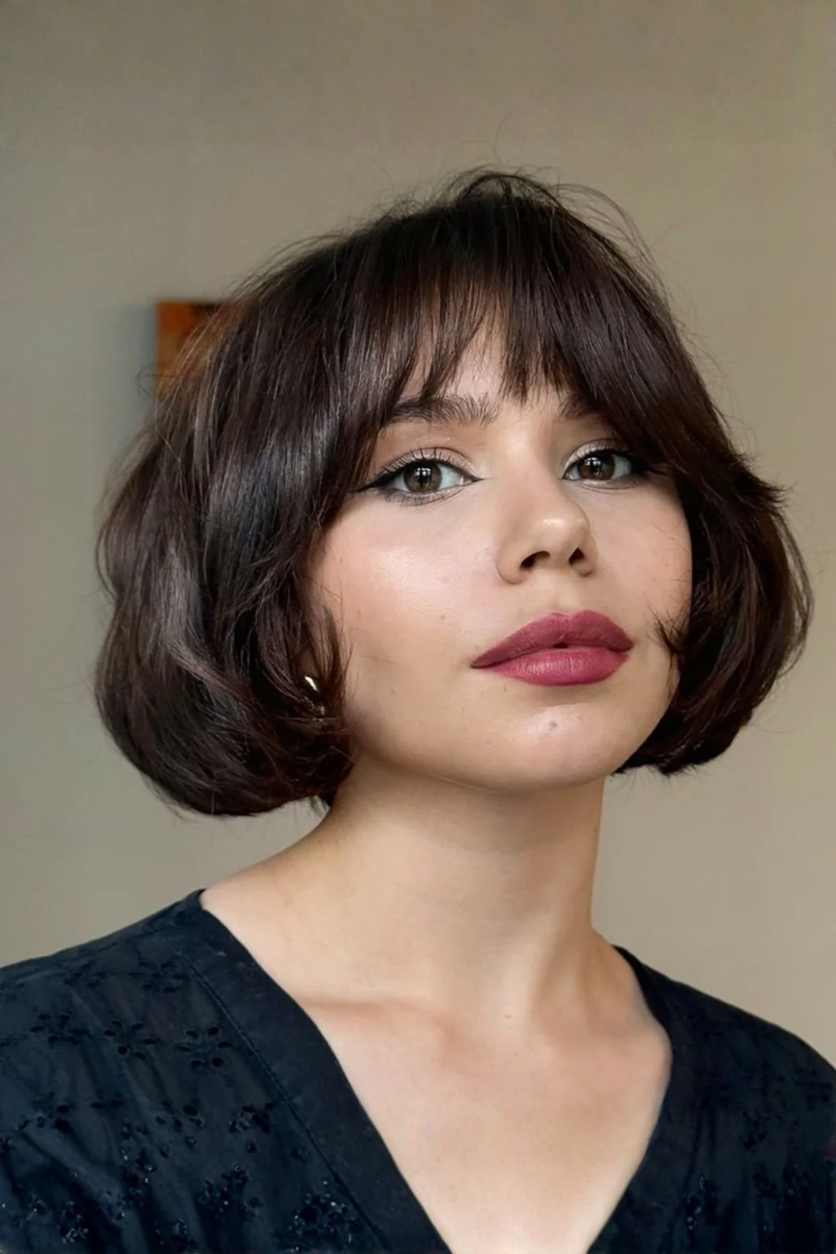 Female model wearing a Blunt Bob with Soft, Feathered Bangs, blending structured blunt ends with airy textured fringe.