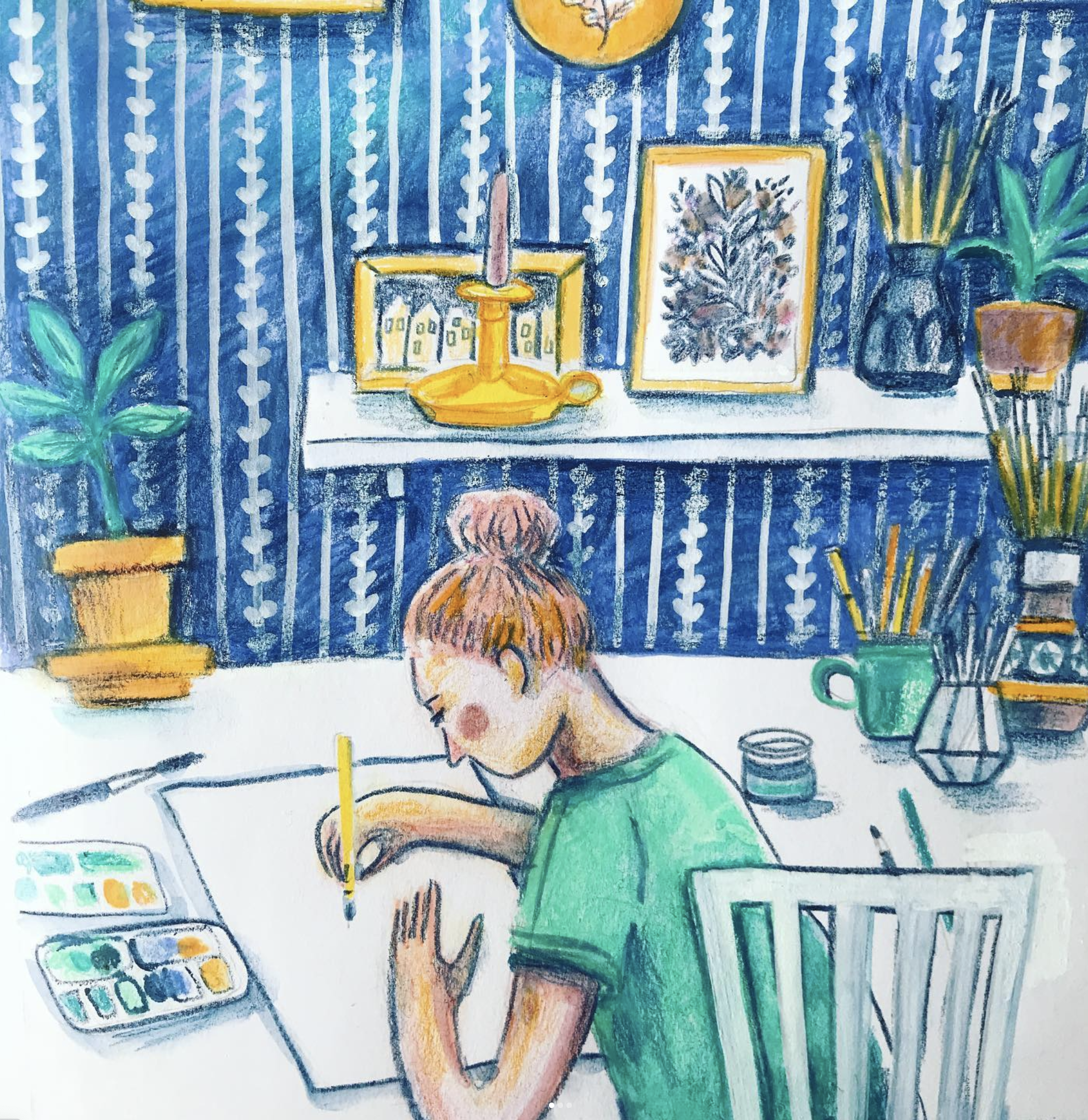 Illustration of a person drawing in a room with blue patterned wallpaper, surrounded by art supplies and potted plants, the artwork is made by illustrator Majken Enequist
