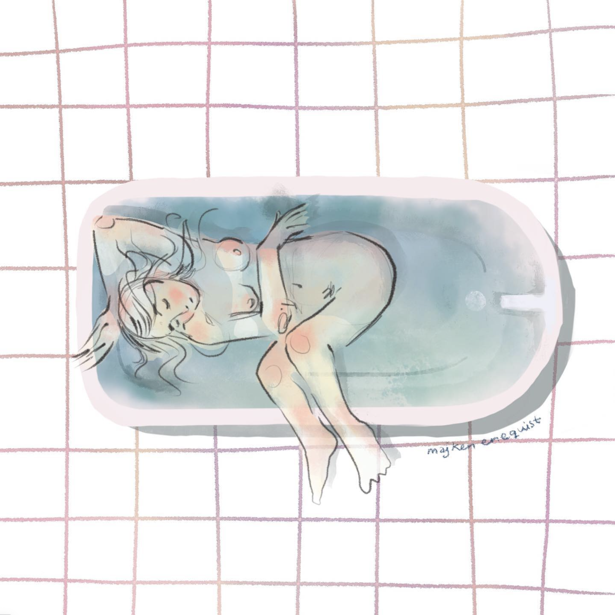 A watercolor-style illustration of a nude woman with long, curly hair lying in a bathtub filled with water, surrounded by a pastel-colored checkered background.