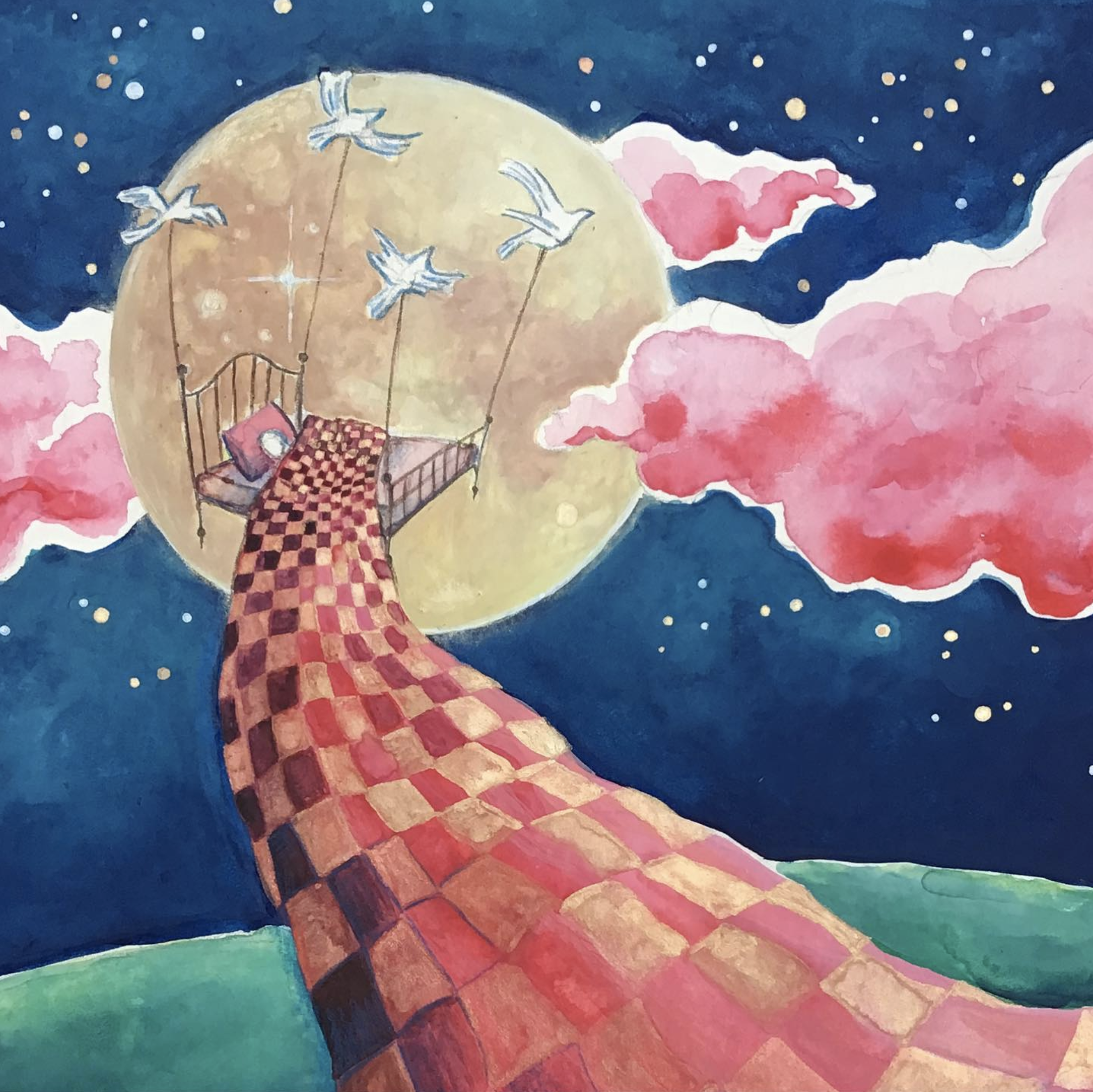 A painted scene with a large moon in the background, surrounded by pink clouds and stars. A bed with a checkered red and pink blanket is floating, tethered to the moon by four strings, with three white birds flying around it.