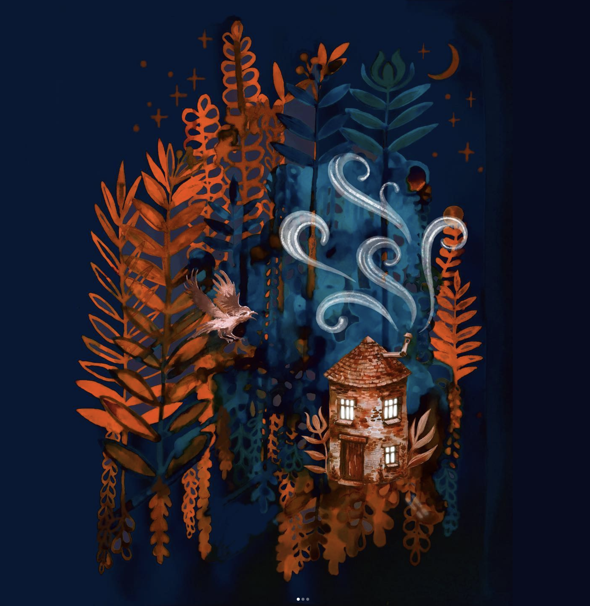 Illustration of a small house with glowing windows, surrounded by stylized orange and blue foliage. A bird is flying nearby, and whimsical smoke curls rise from the chimney against a dark blue background, the artwork is made by illustrator Majken