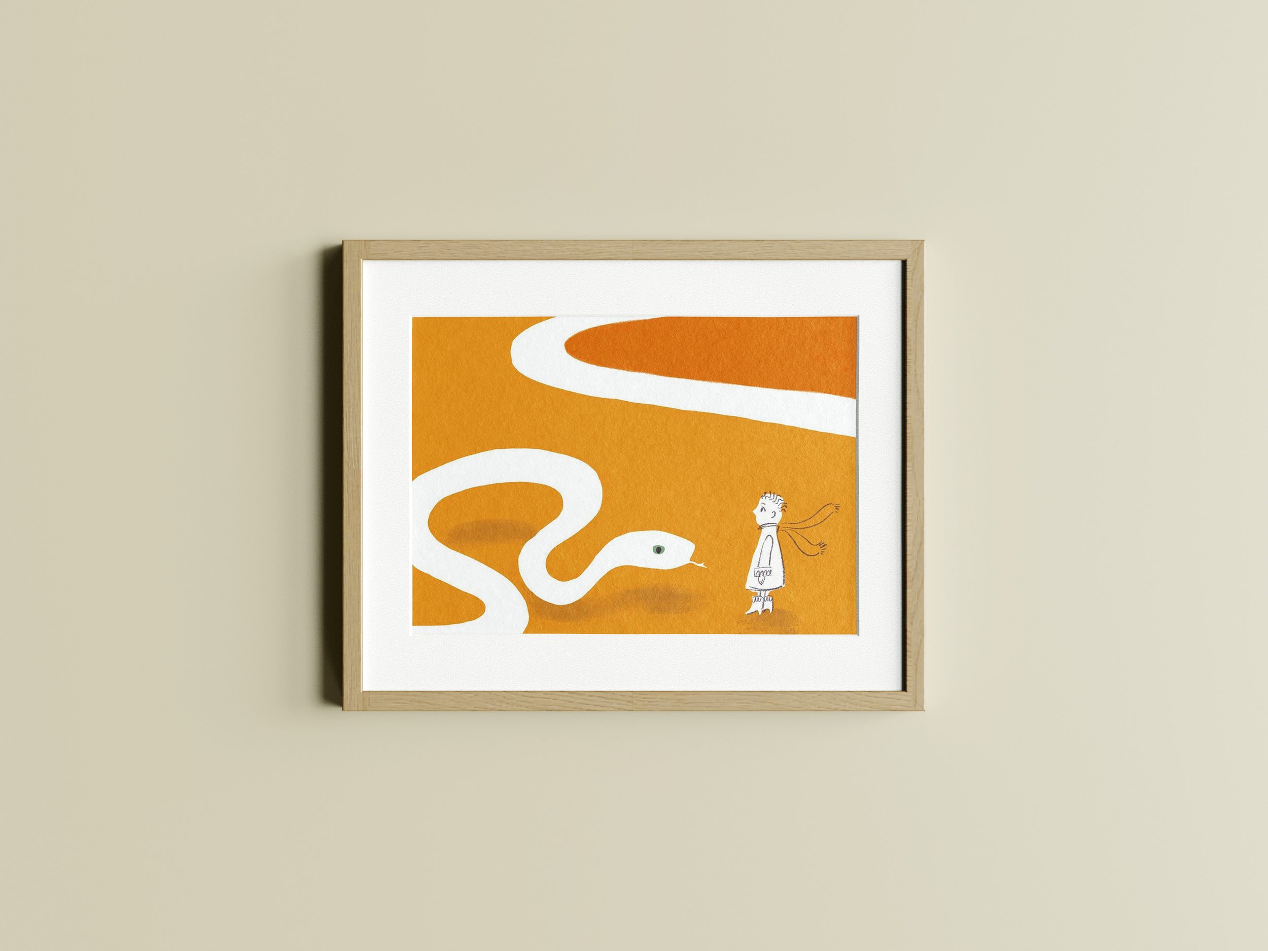 Framed artwork on a wall with abstract illustration of a white snake on an orange background and a small figure standing beside it, the artwork is made by illustrator Majken Enequist