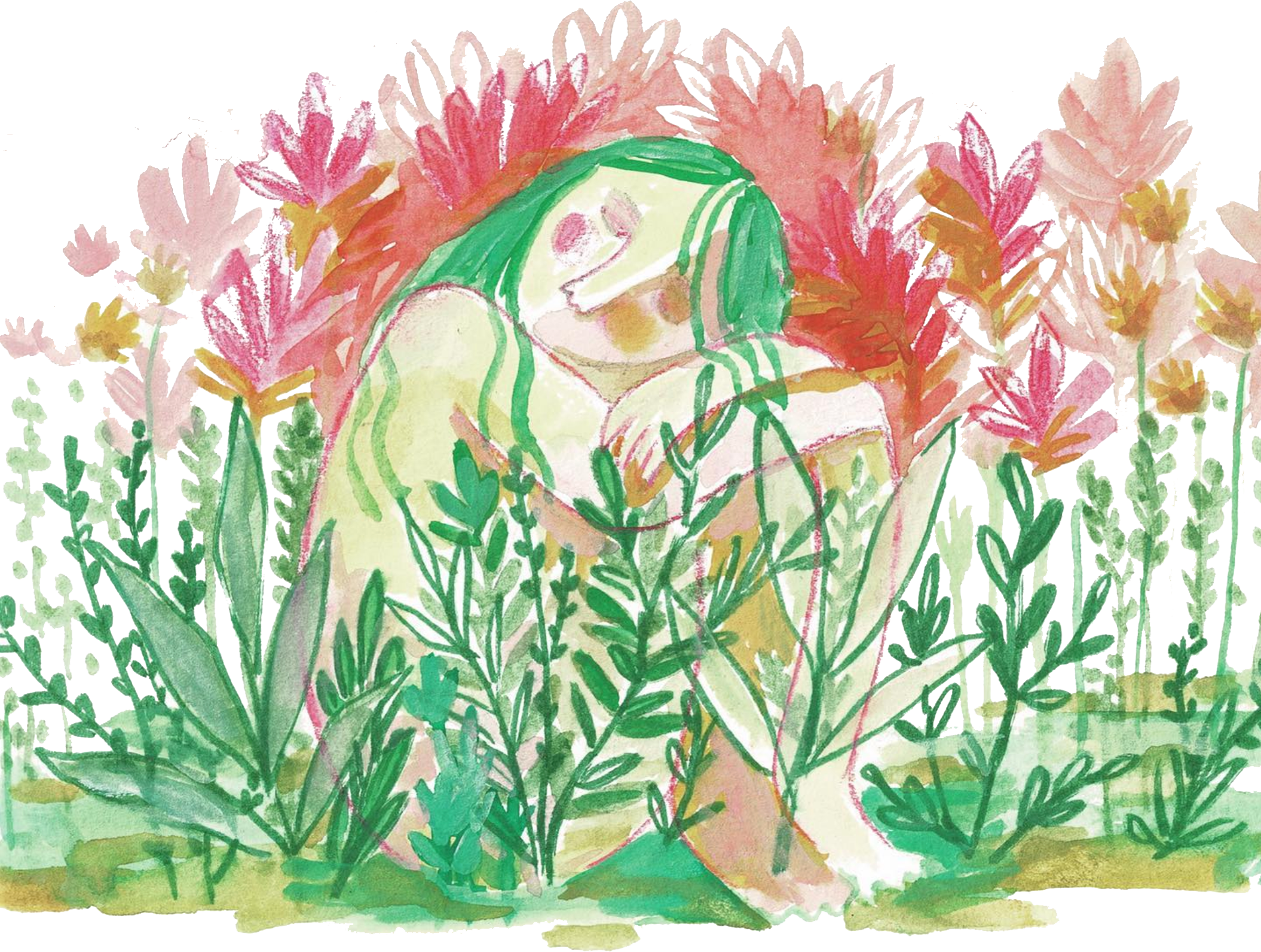 A watercolor illustration of a person with green hair sitting amidst colorful flowers and foliage, surrounded by pink and red blossoms, the artwork is made by illustrator Majken Enequist