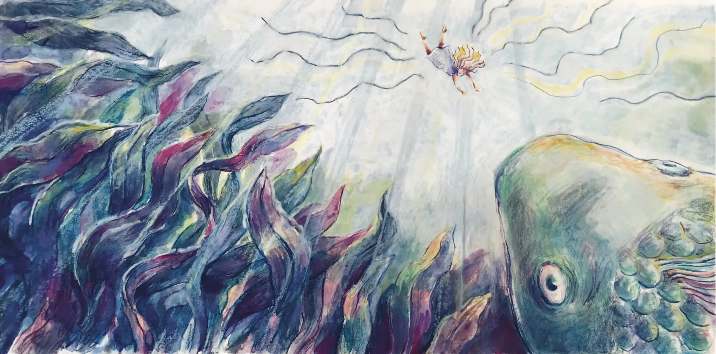 Colorful abstract underwater scene featuring seaweed, a fish, and a smaller fish or sea creature in the background, with sunlight rays filtering through water.