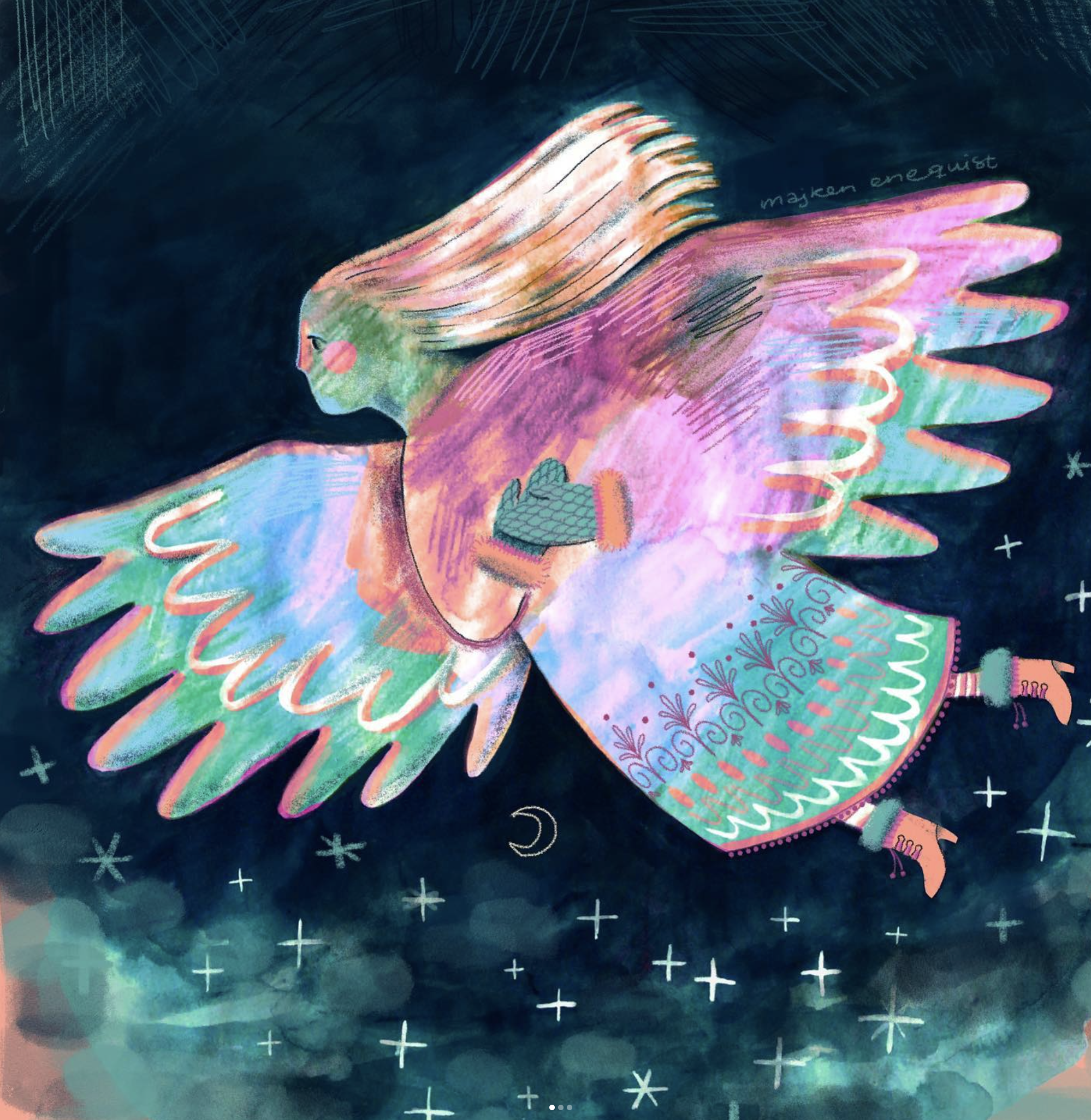 Colorful illustration of an angelic figure flying through a starry night sky, wearing a patterned dress and boots. The figure has multicolored wings and flowing hair, the artwork is made by illustrator Majken Enequist