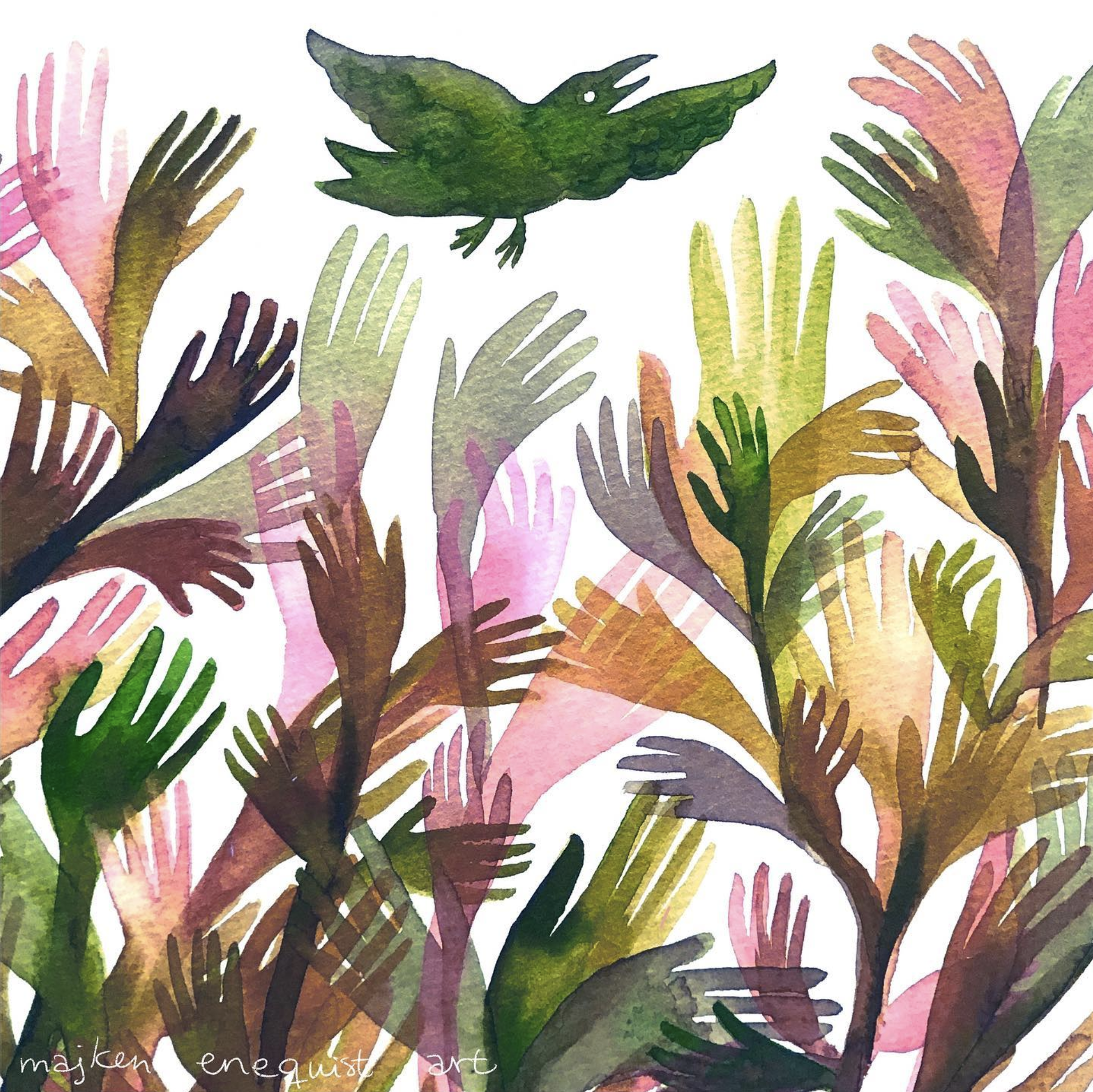 Colorful watercolor illustration of hands reaching upward, resembling trees or branches, with a green bird flying above, the artwork is made by illustrator Majken Enequist