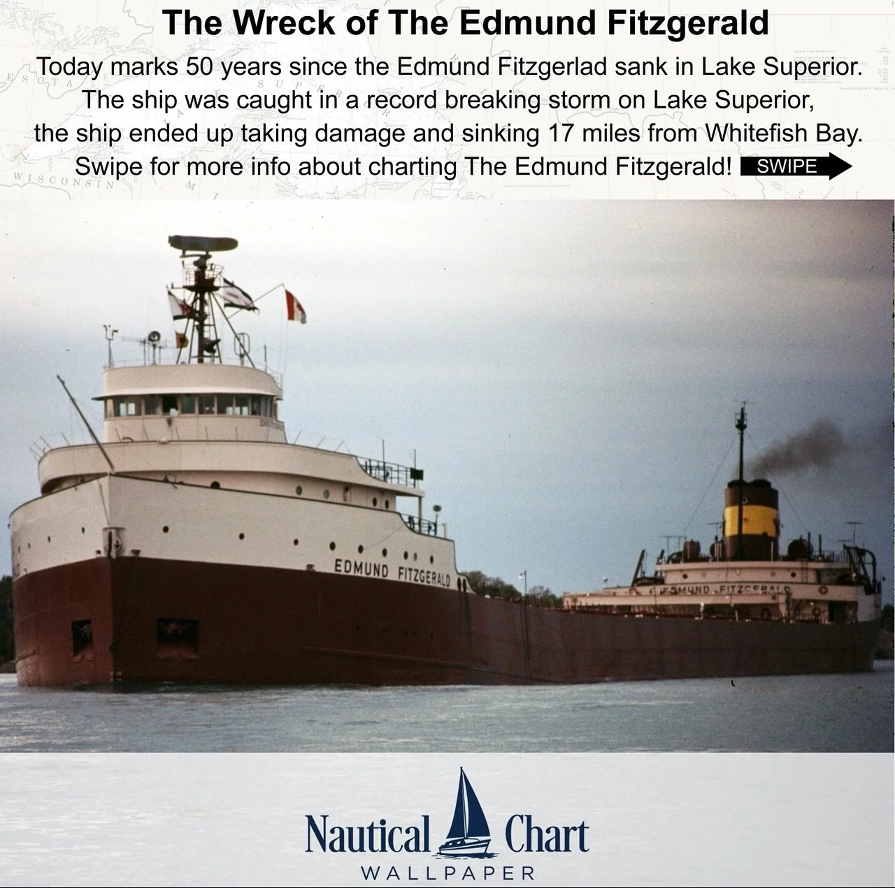 Today we honor the crew of the SS Edmund Fitzgerald, lost to Lake Superior on November 10, 1975.

All 29 men aboard were taken by the storm that night &mdash; their final resting place now marked on the charts of this mighty lake. 🌊