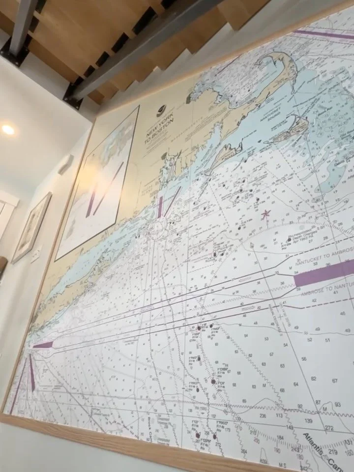 This home features two custom charts, each inspired by the client&rsquo;s favorite waters and coastal journeys. 

🌊 The stairwell mural spans Boston to New York, with a custom inset of Block Island to Narragansett&mdash;another favorite cruising are