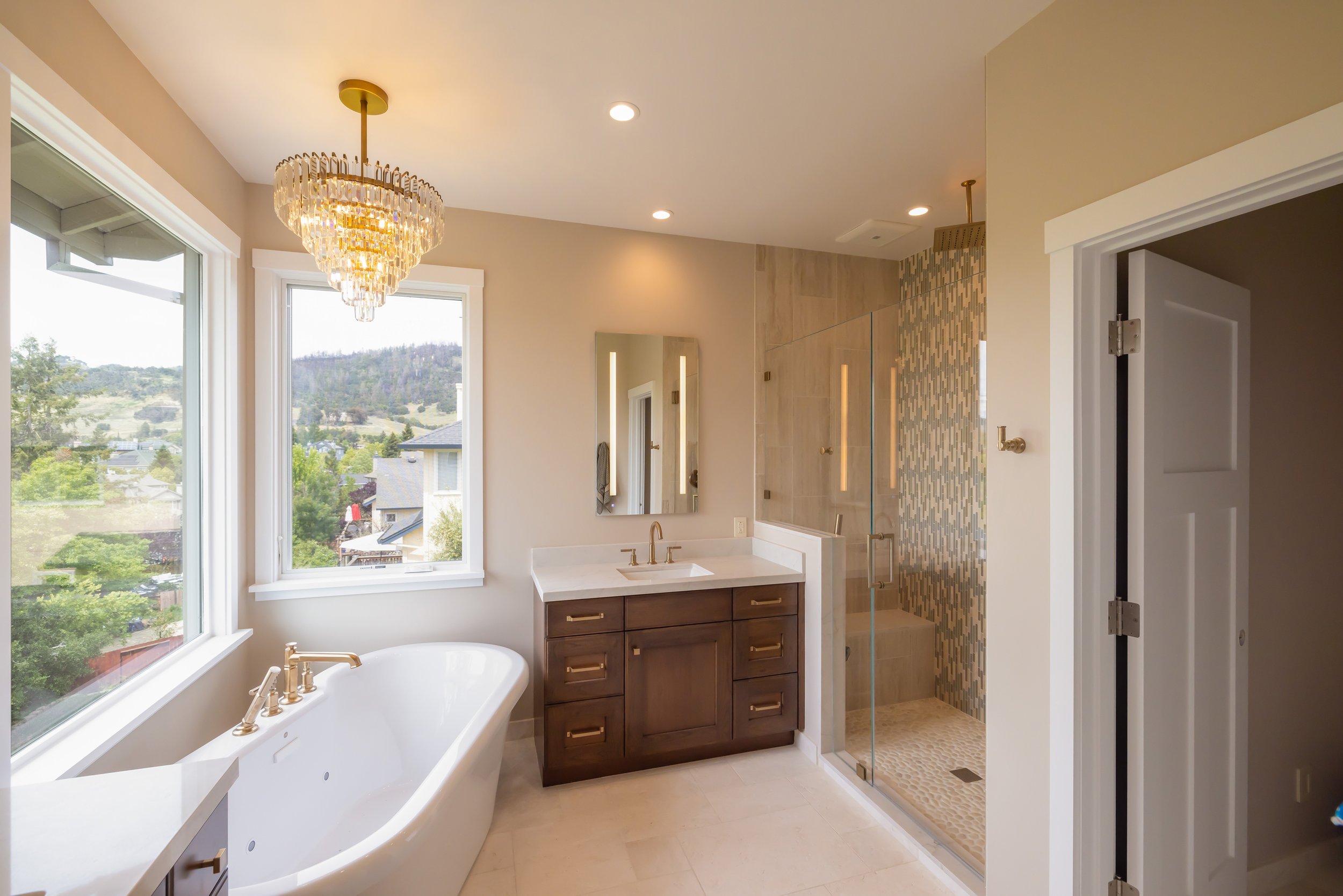 Transitional Primary Bath with a View — Williams Design Group