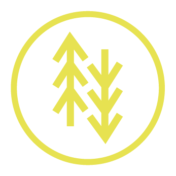 A circular logo with two stylized tree symbols, one pointing upward and the other downward, in yellow on a black background.