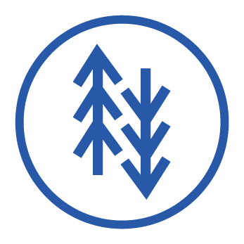 A circular symbol with a blue outline and blue design inside, resembling two trees or branches with one pointing upward and the other downward.