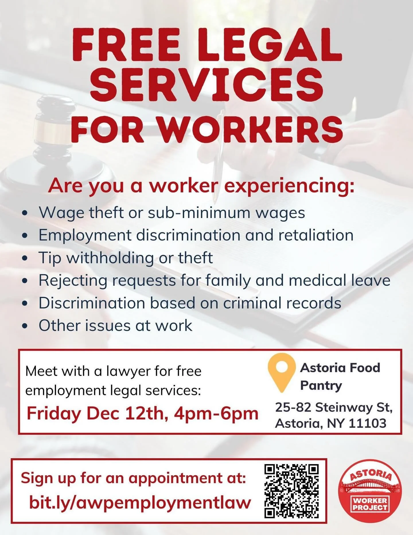 Are you having issues with your work or employer? Join us on Friday Dec 12 to meet with an employment lawyer for a free meeting. Sign up at the link in bio or at the QR code - even if December 12 isn&rsquo;t a good time for you, we can schedule an ap