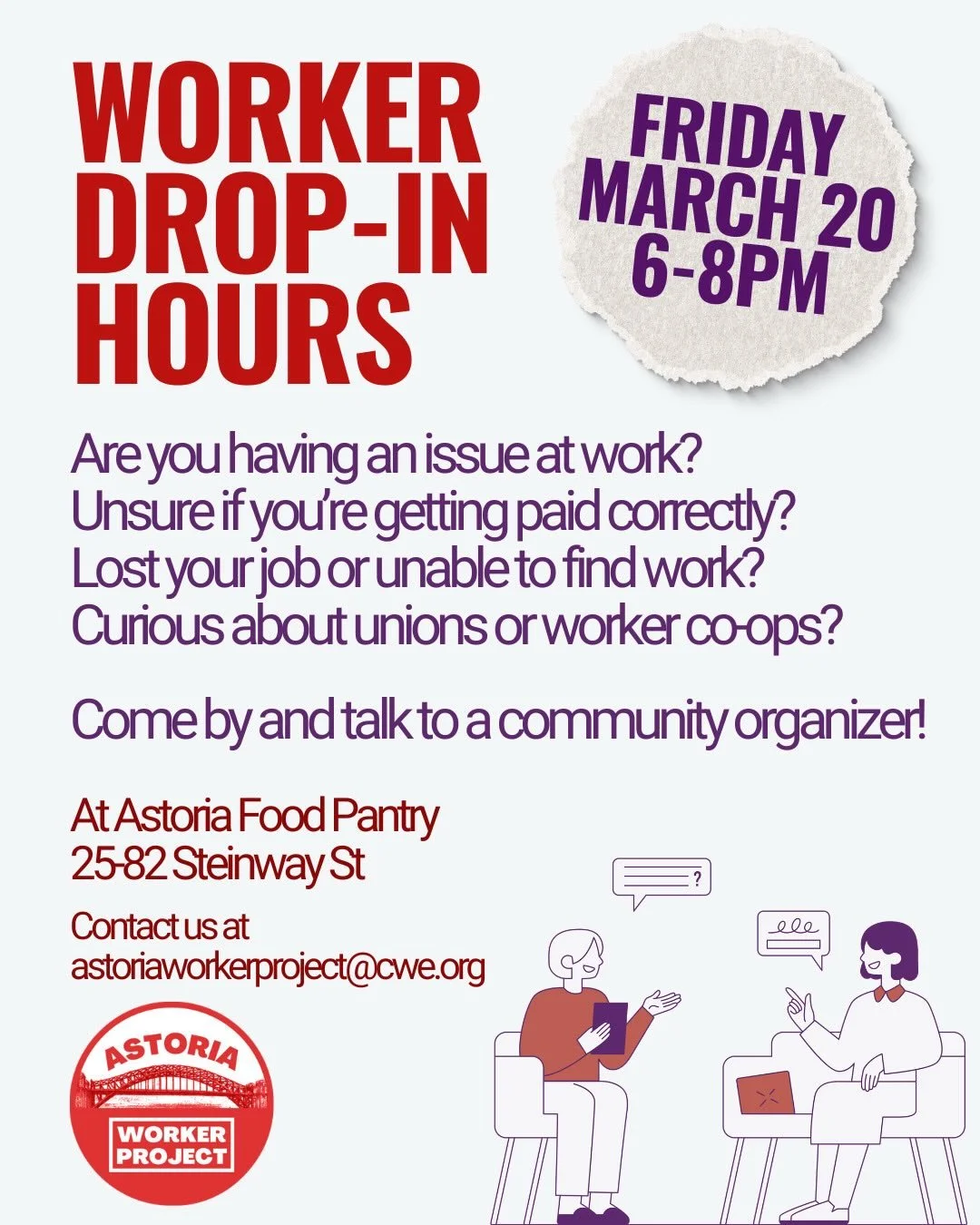 This Friday we will be offering drop in hours at @astoriafoodpantry where workers can walk in and talk to a community organizer about your issues at work. Whatever issue you bring to us, we will do our best to connect you to the best resources and op