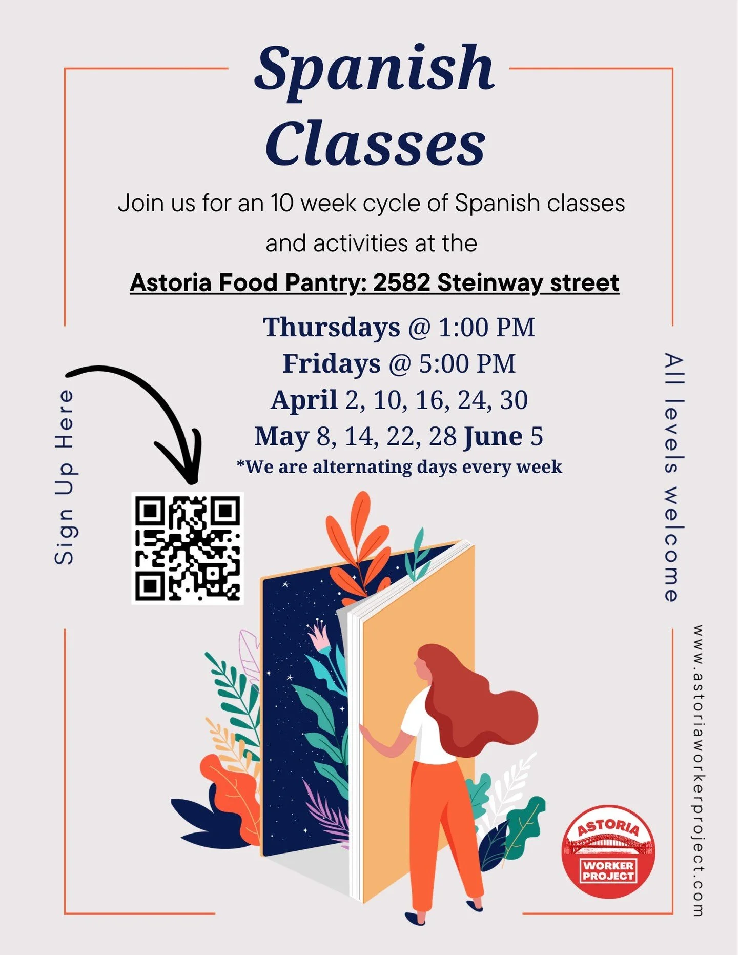 Hey Neighbors,

Our second cohort of Spanish as a second language for mutual aid is starting in early April. Come learn Spanish, practice your skills, and build community. Class will be at the Astoria Food Pantry on Thursdays and Fridays. Link in bio