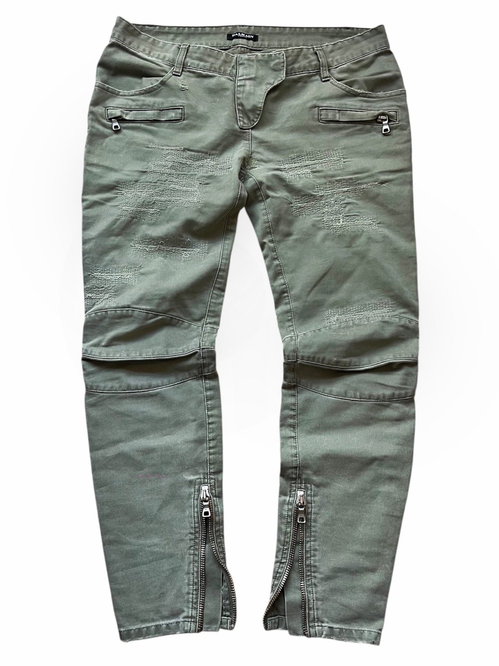 Balmain SS/2010 destroyed khaki biker pants by Christophe Decarnin —  archaism studio