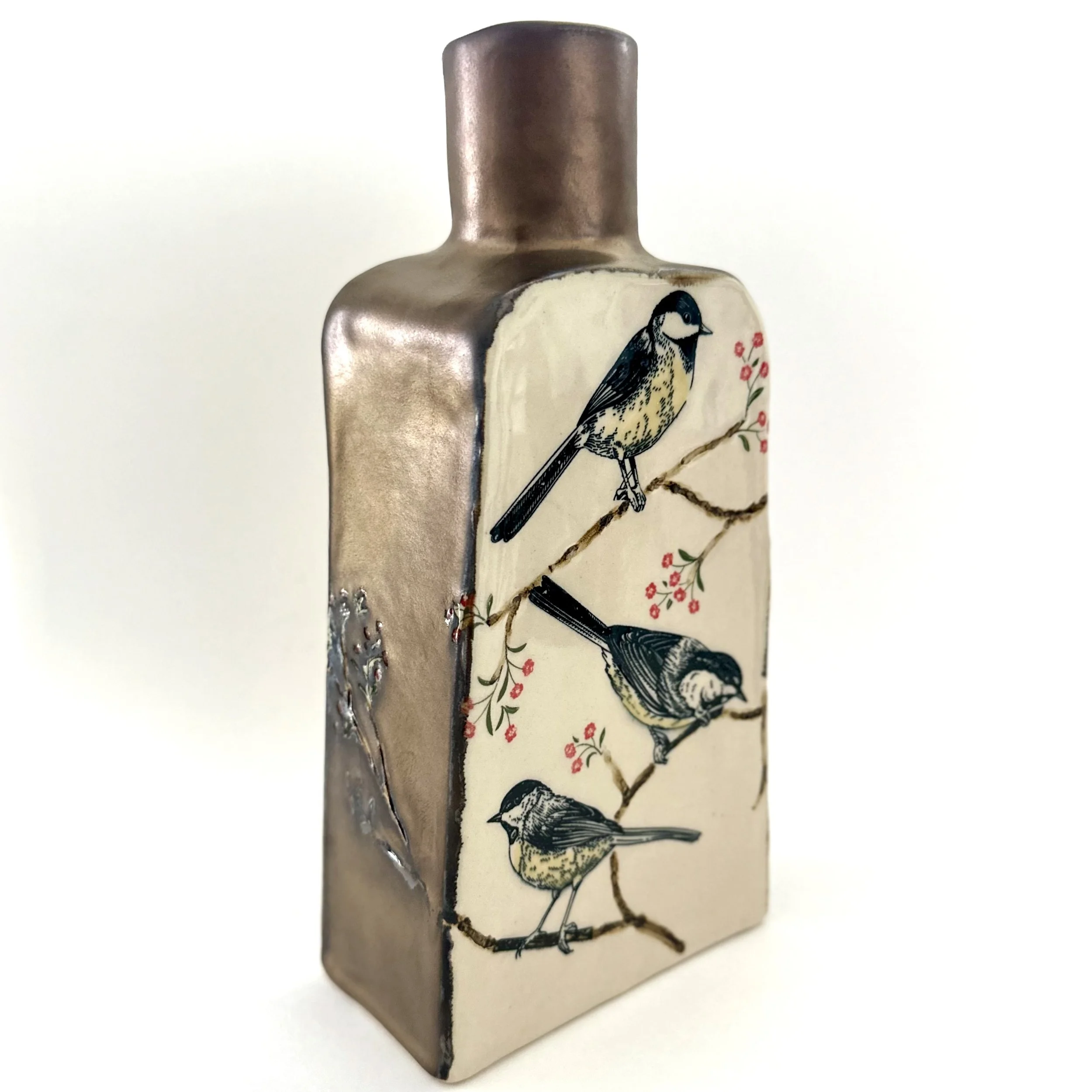 Chickadee Bottle Vase - vintage gold- Made to order