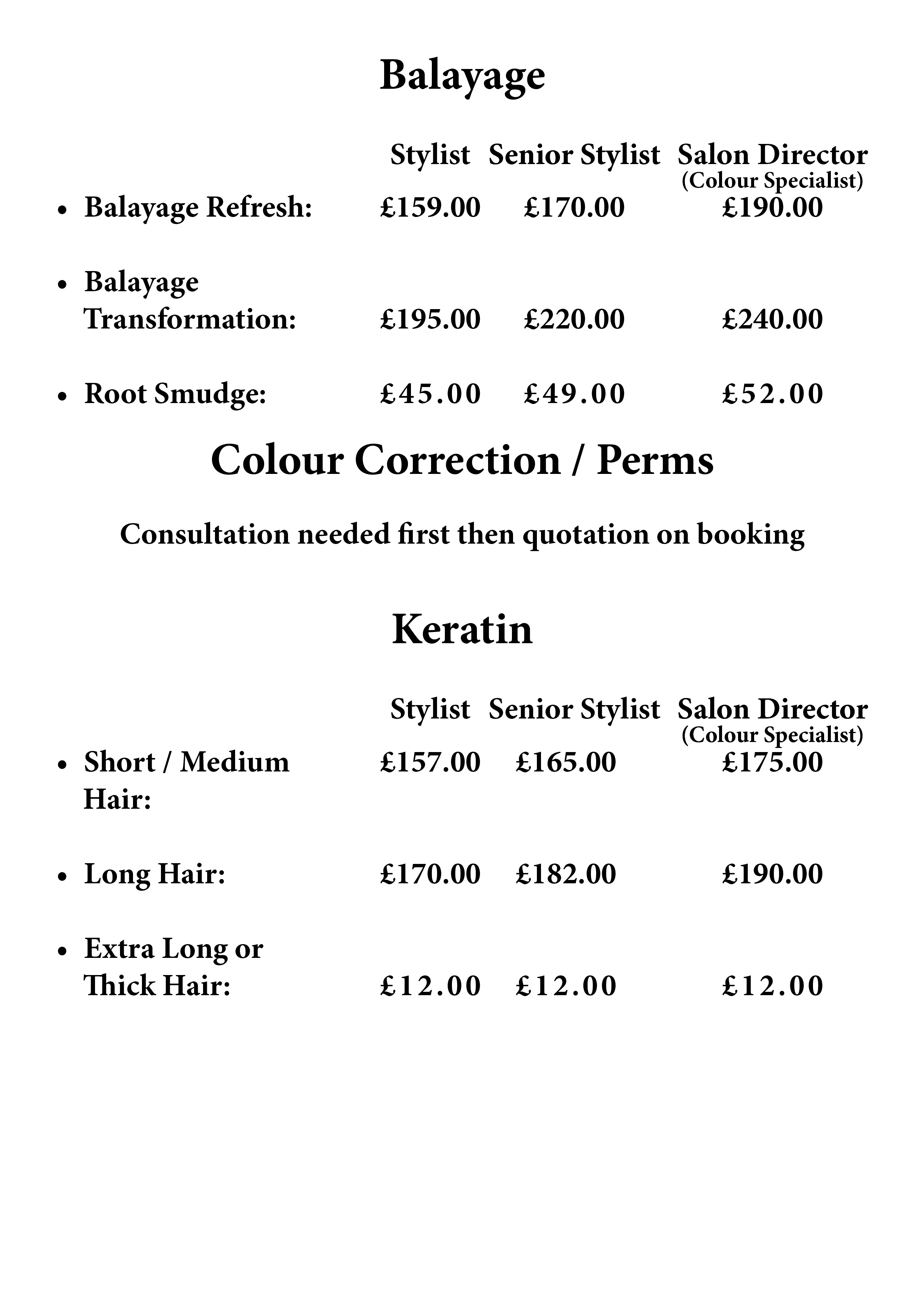 Pricing list for hair styling services including balayage, keratin, and hair length options with prices for different stylist levels.
