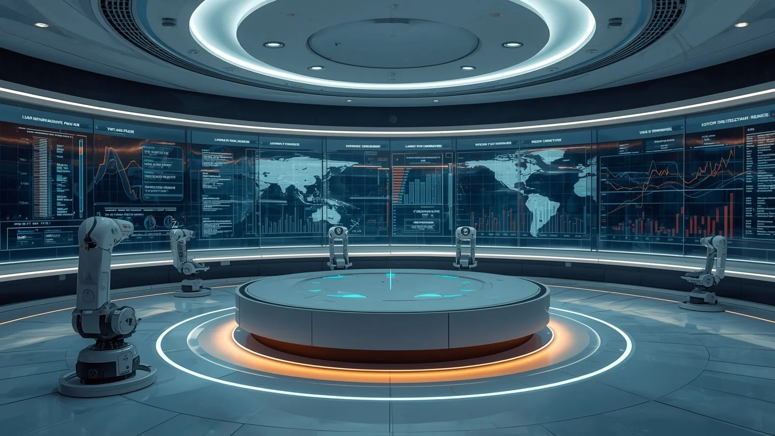 Sala de control futurista con grandes pantallas que muestran visualizaciones de flujo de trabajo y analíticas avanzadas, robots de automatización ejecutando tareas alineadas a objetivos de negocio y un panel de gobierno que registra trazabilidad y cu