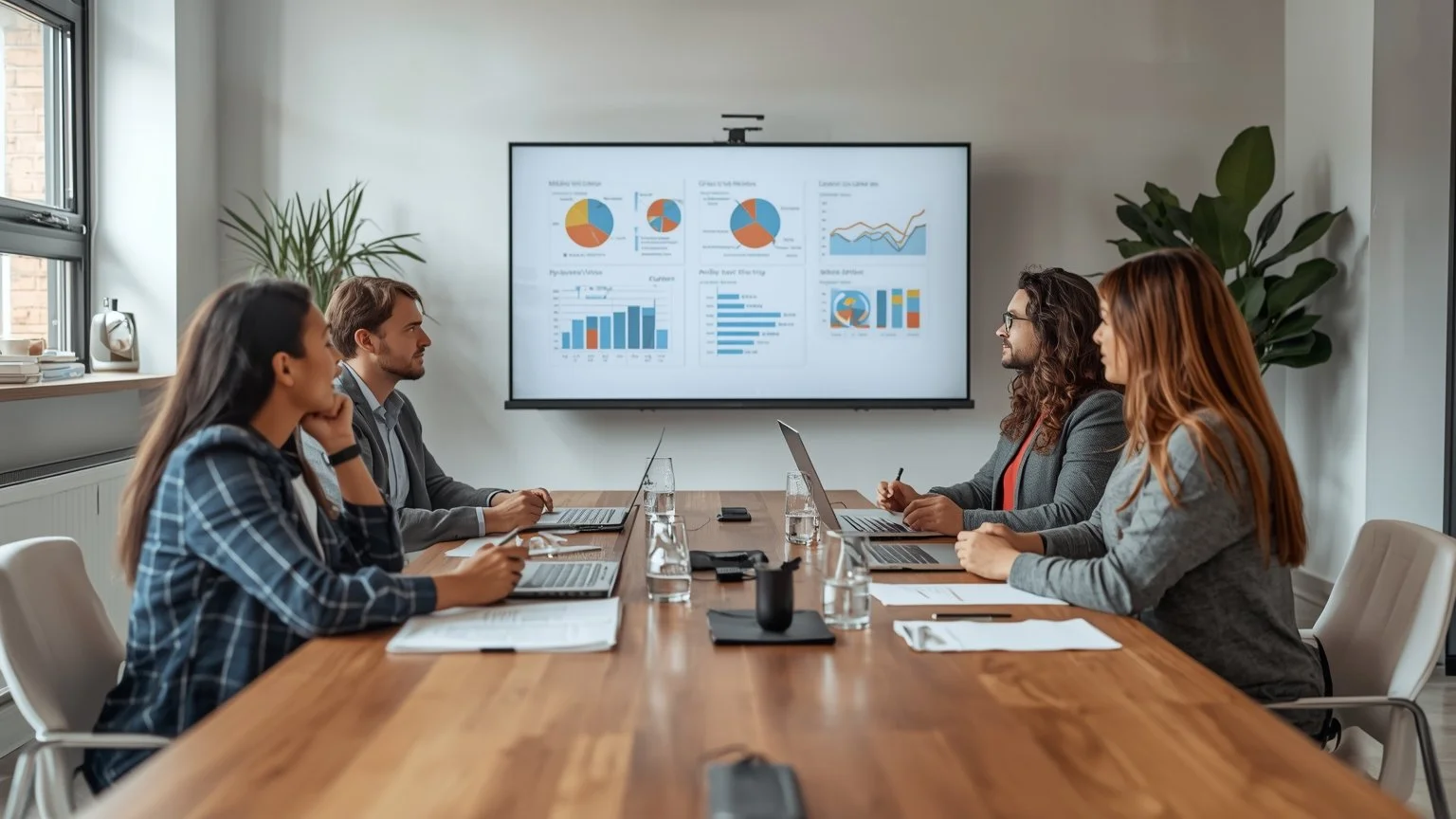 Sala de control moderna donde un equipo revisa cuadros de mando con métricas de ROI, gráficos de ahorros en mano de obra, tasas de error, reducción de retrabajos y planes de automatización durante una reunión trimestral.