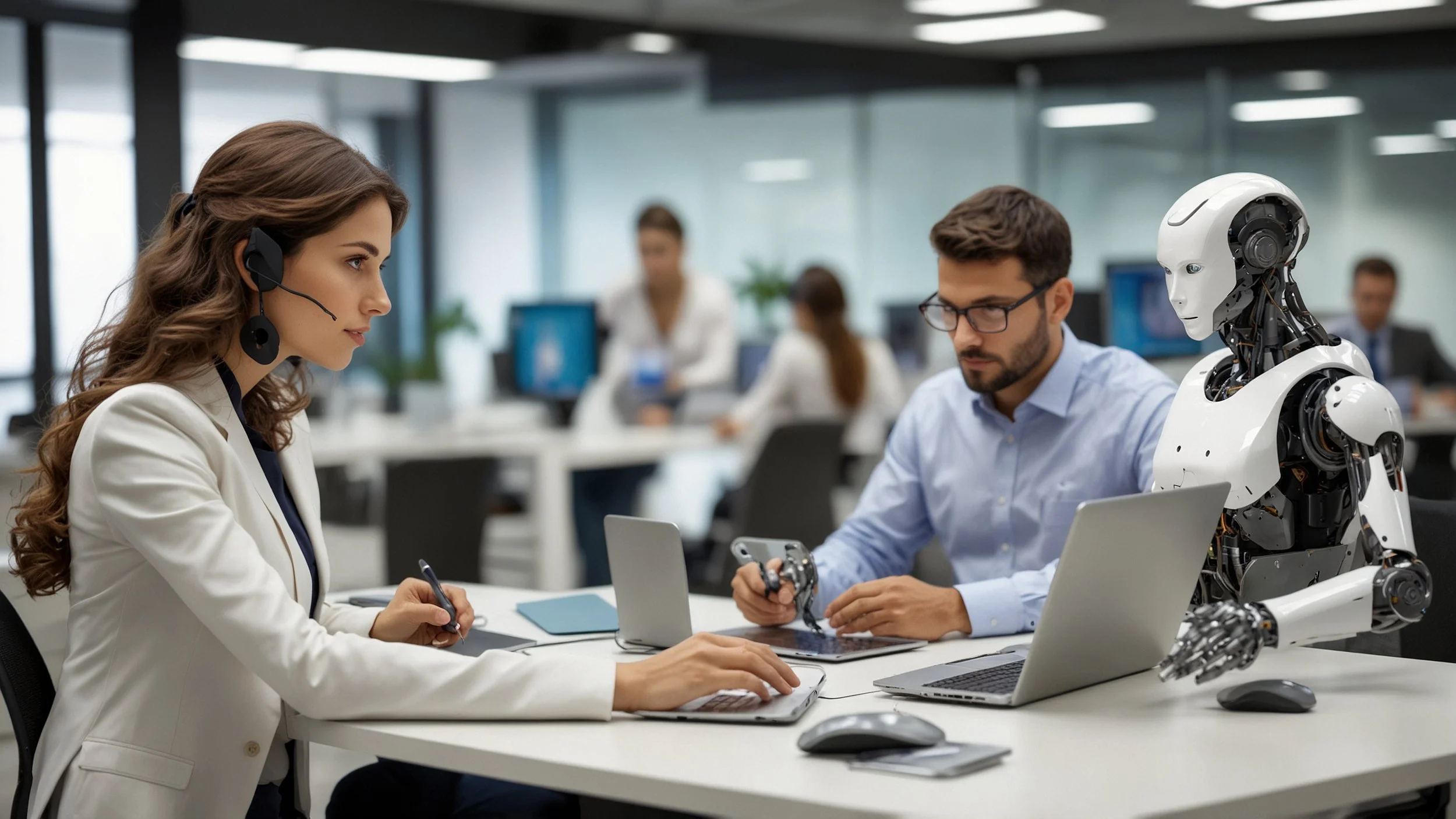 oficina moderna con agentes humanos colaborando con robots y computadoras, mostrando un ambiente de trabajo integrado y eficiente, con interacción cercana entre personas y tecnología avanzada, reflejando empoderamiento y enfoque en la atención al cli