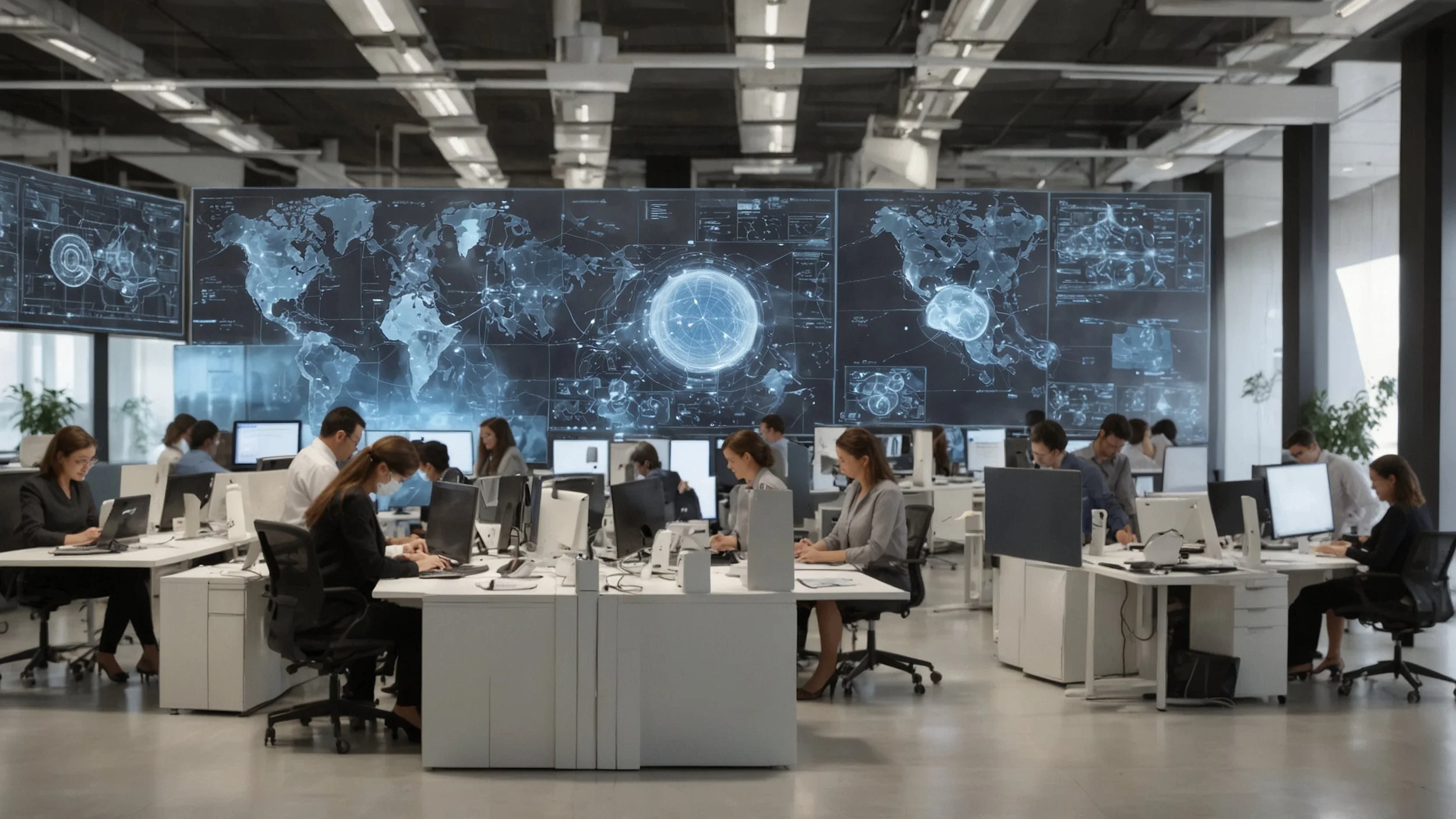 Una imagen en la que un grupo diverso de personas en una oficina moderna utiliza computadoras portátiles y tabletas para crear automatizaciones complejas sin necesidad de escribir código.