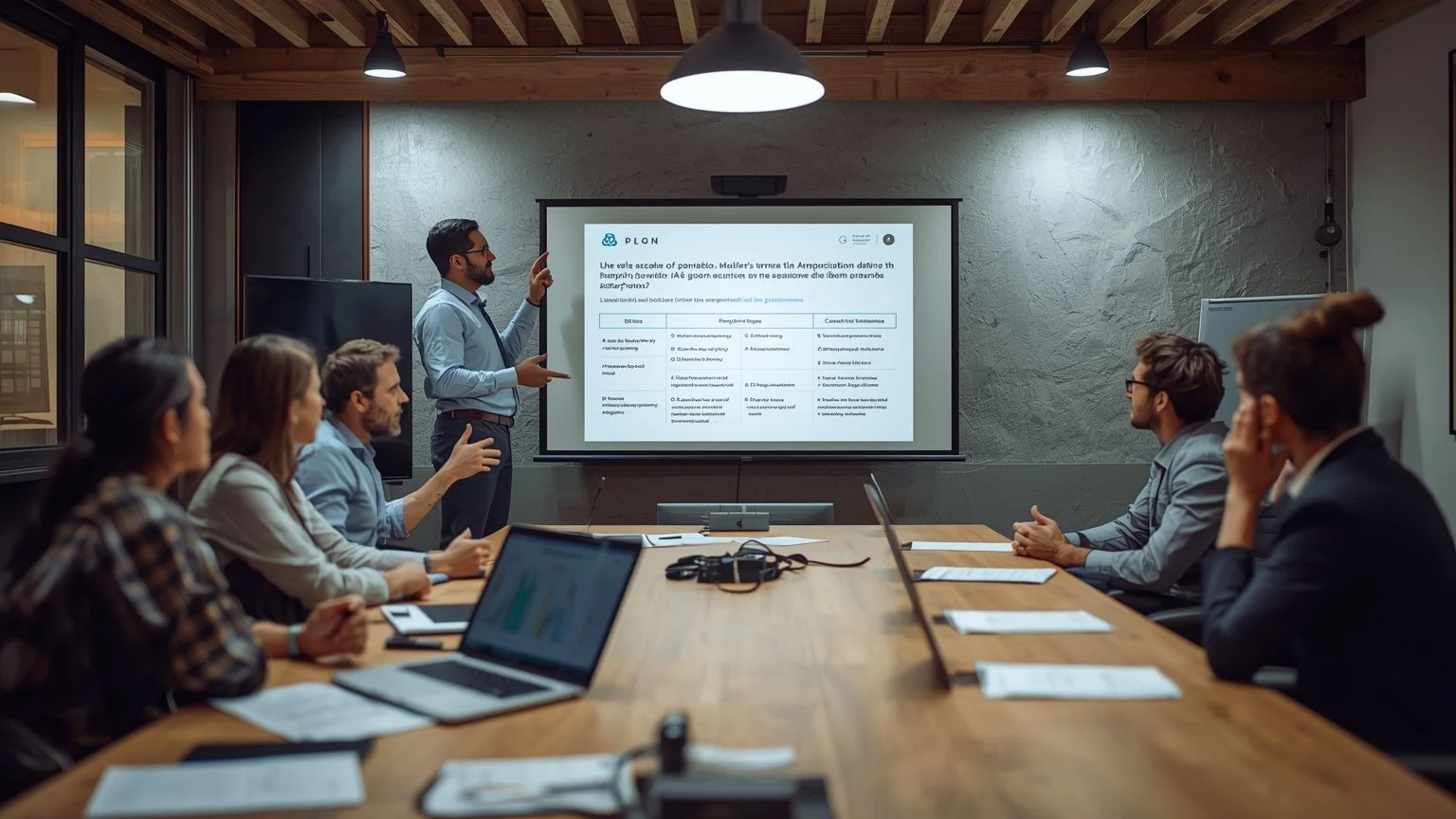 En una sala de reuniones un líder explica a un equipo cómo la combinación de IA y RPA liberará tiempo de tareas rutinarias, mostrando un tablero con objetivos por área y casos de uso ligados a beneficios concretos mientras el equipo, aliviado y parti